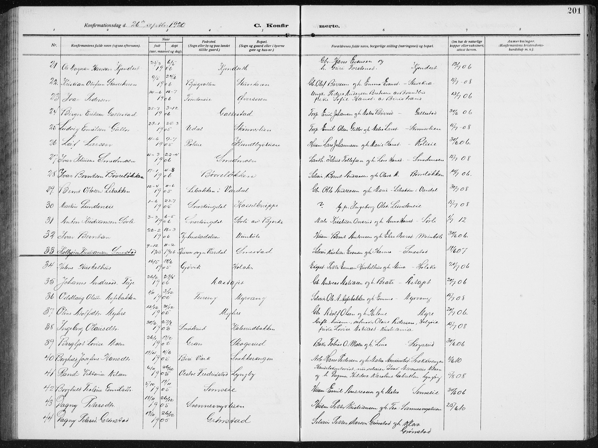 Biri prestekontor, AV/SAH-PREST-096/H/Ha/Hab/L0006: Parish register (copy) no. 6, 1909-1938, p. 201