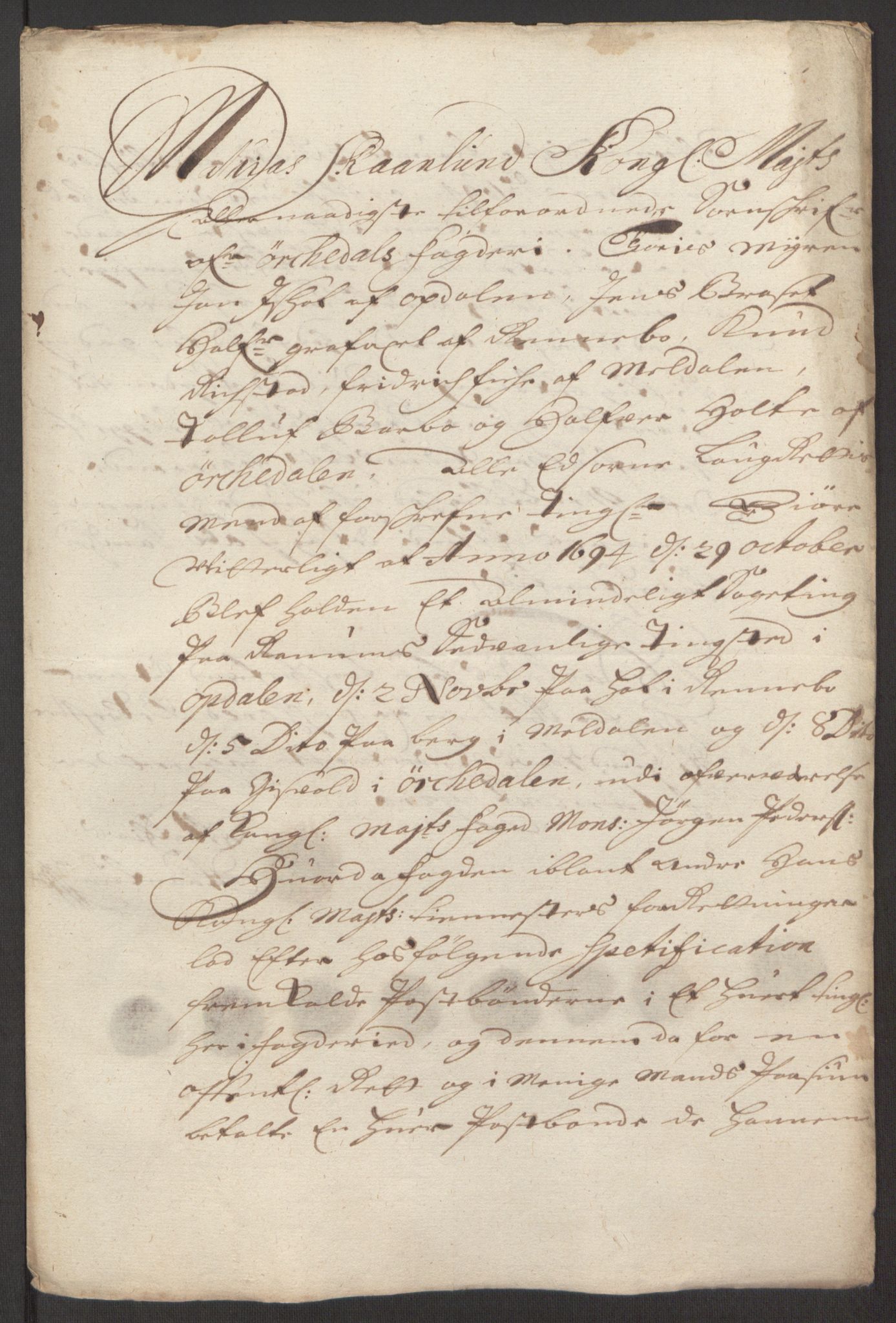 Rentekammeret inntil 1814, Reviderte regnskaper, Fogderegnskap, AV/RA-EA-4092/R60/L3944: Fogderegnskap Orkdal og Gauldal, 1694, p. 179