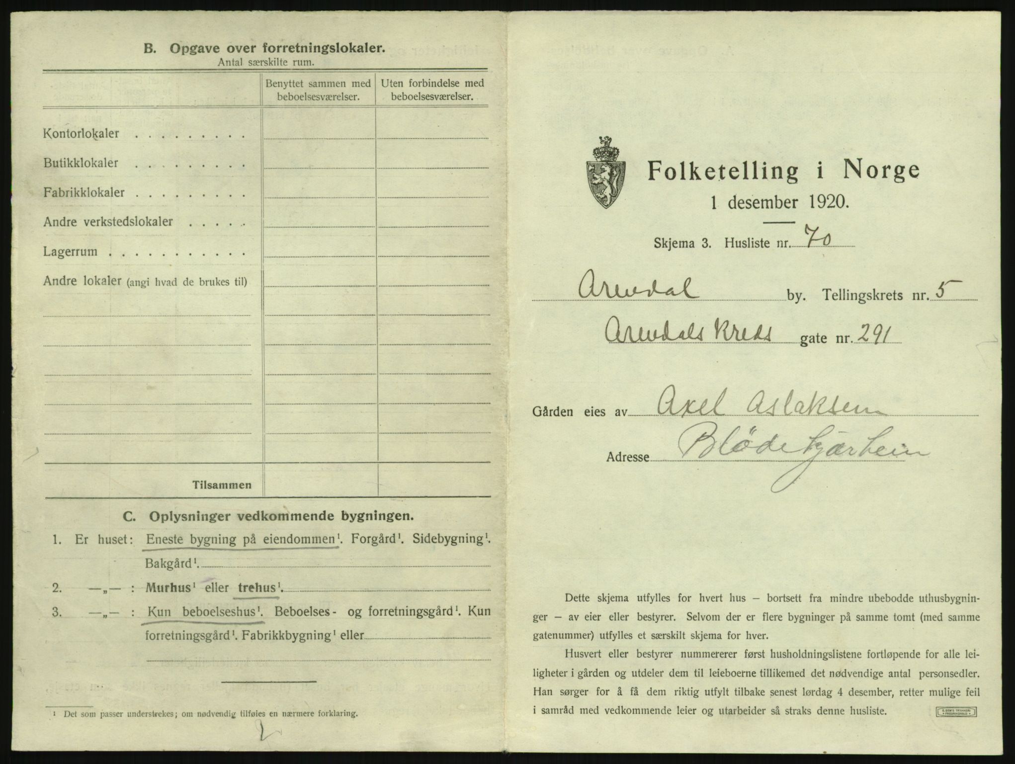 SAK, 1920 census for Arendal, 1920, p. 712