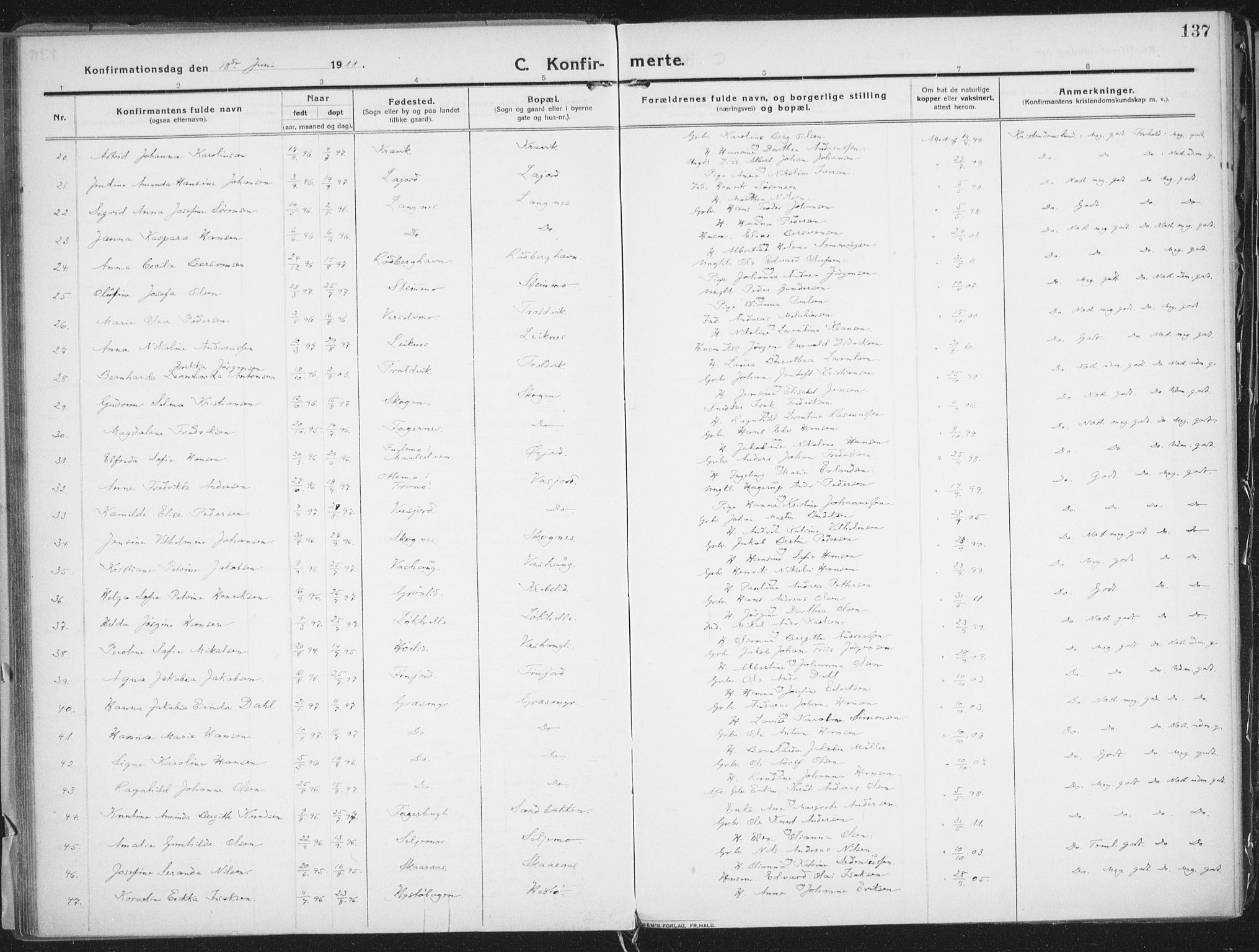 Lenvik sokneprestembete, AV/SATØ-S-1310/H/Ha/Haa/L0016kirke: Parish register (official) no. 16, 1910-1924, p. 137