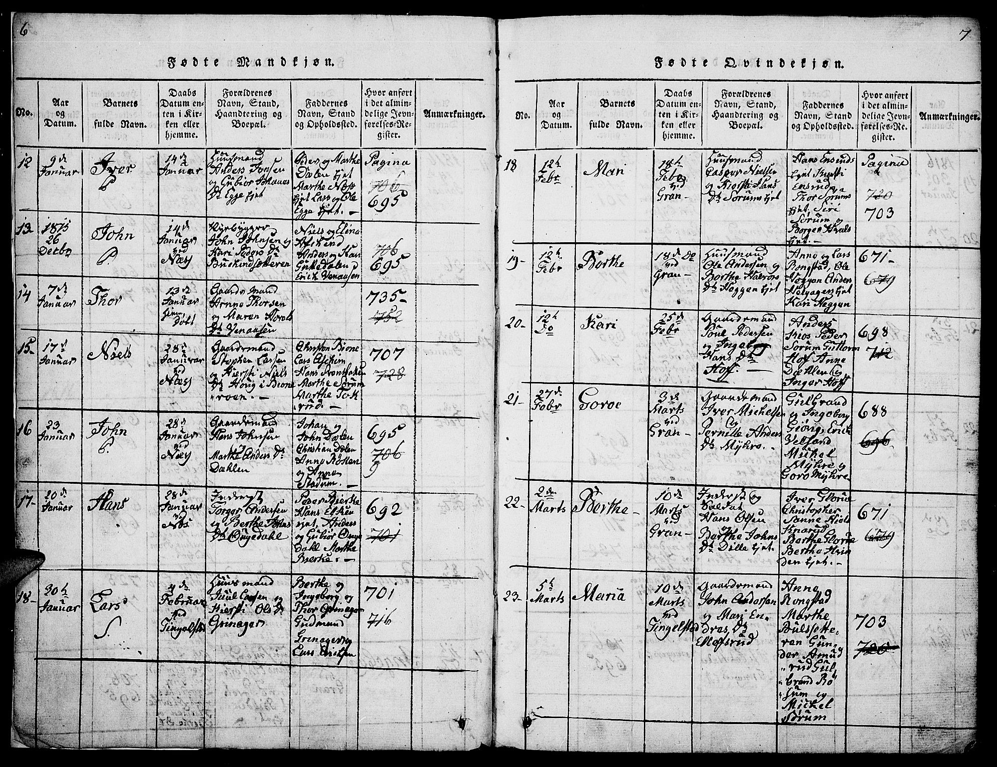 Gran prestekontor, SAH/PREST-112/H/Ha/Hab/L0001: Parish register (copy) no. 1, 1815-1824, p. 6-7