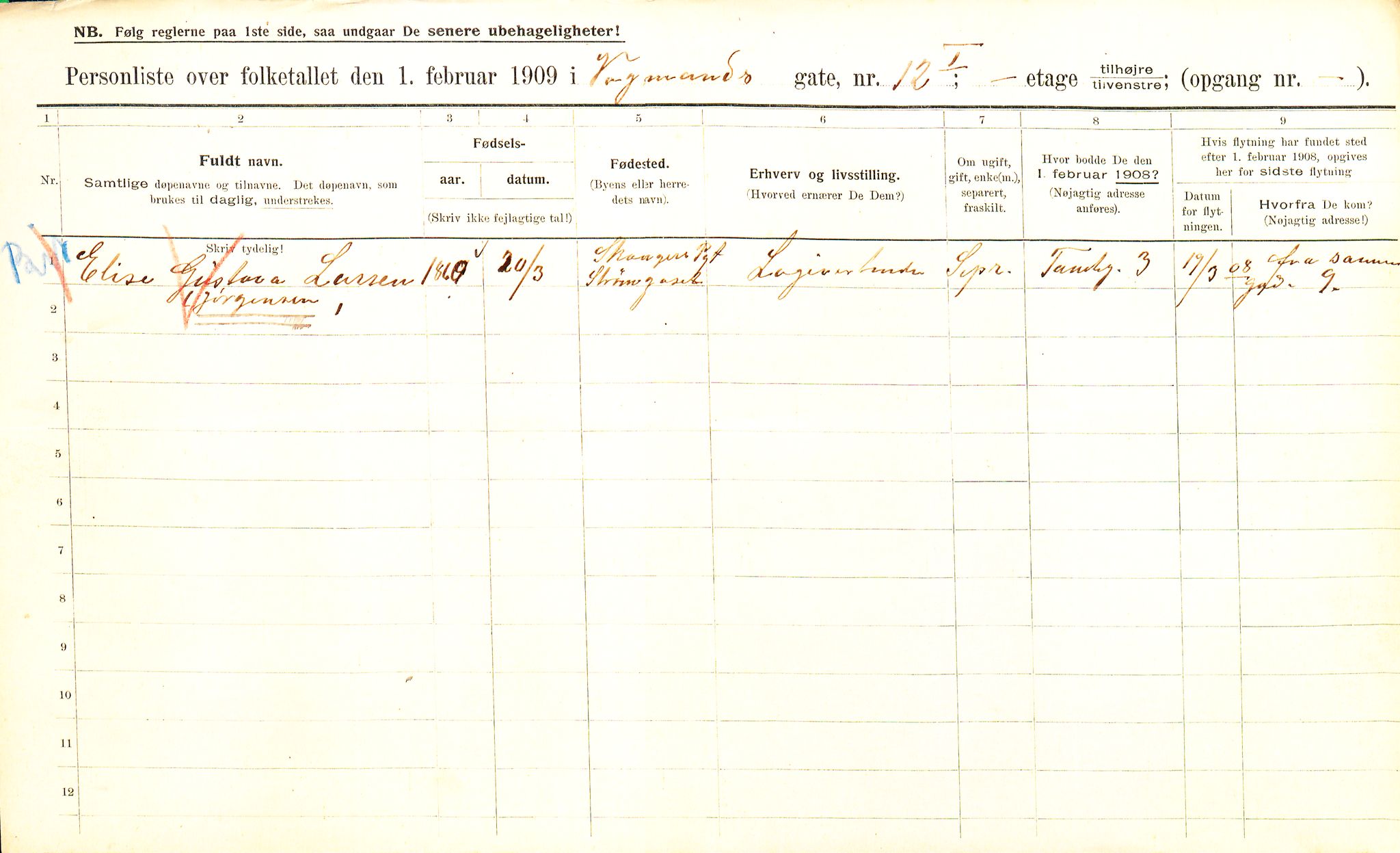 OBA, Municipal Census 1909 for Kristiania, 1909, p. 112640