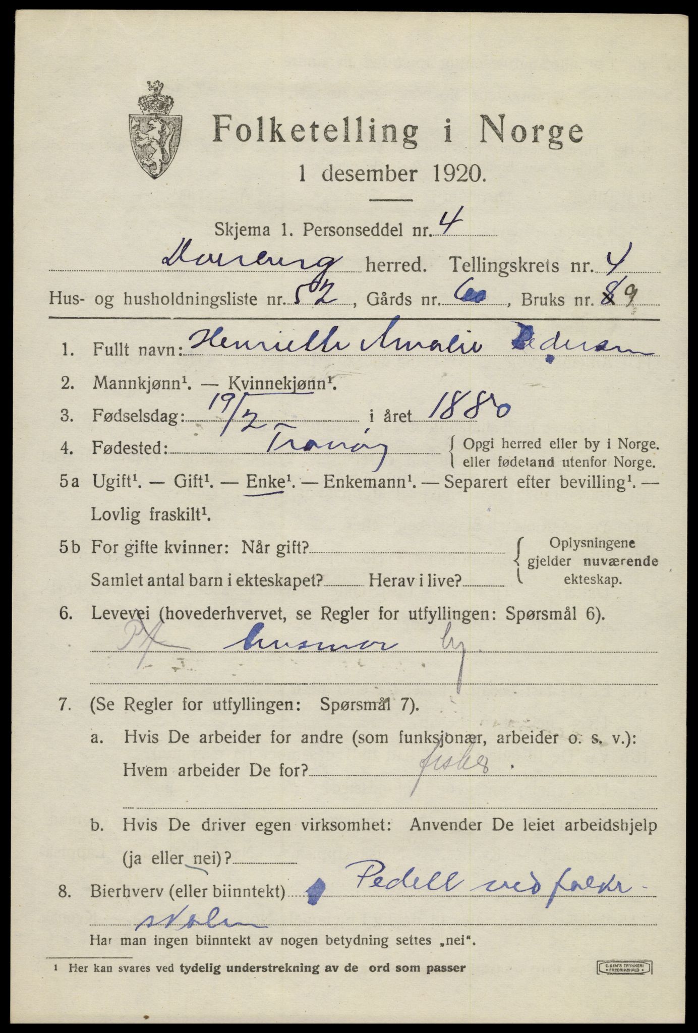 SAT, 1920 census for Dverberg, 1920, p. 5842