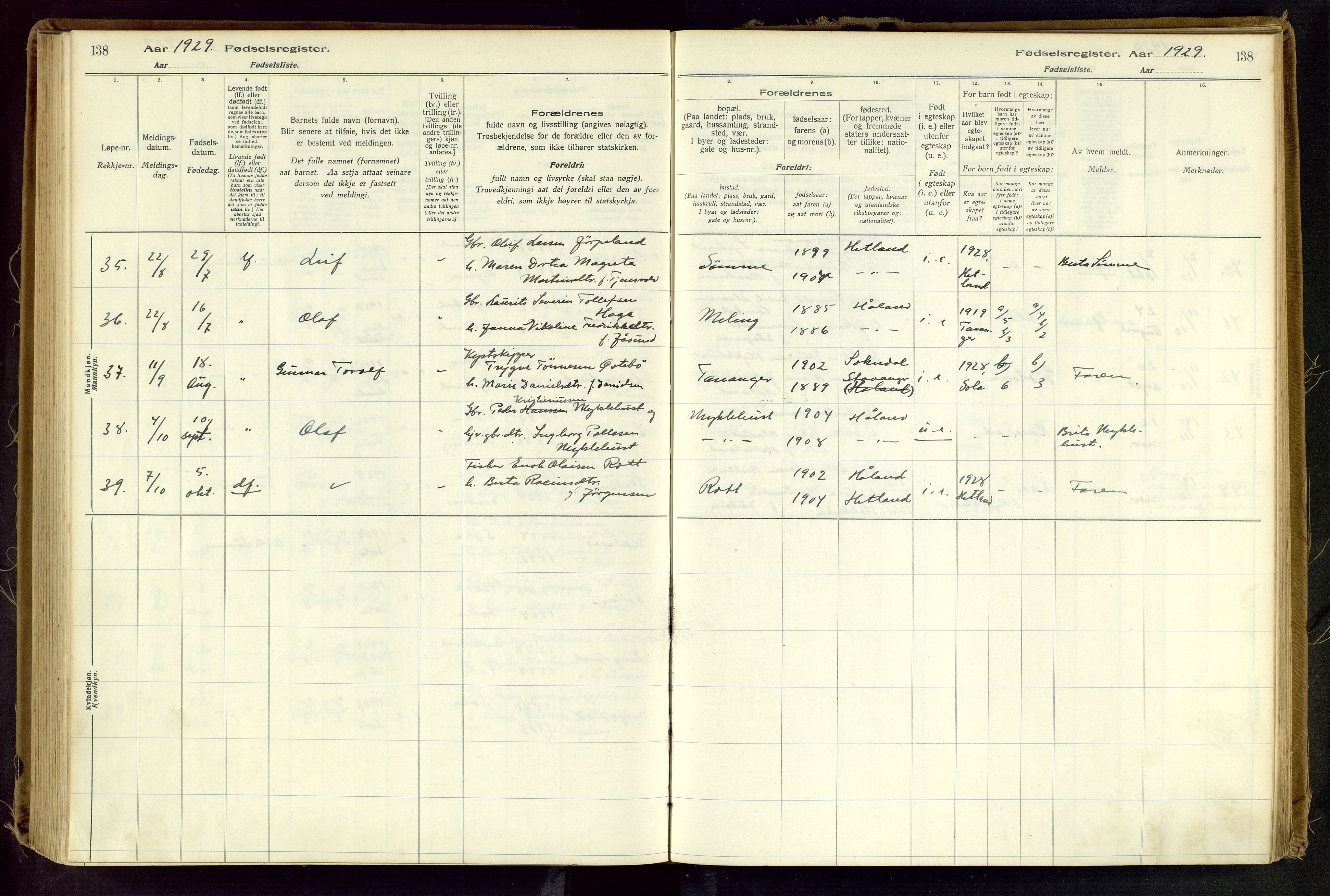 Håland sokneprestkontor, AV/SAST-A-101802/001/704BA/L0001: Birth register no. 1, 1916-1936, p. 138