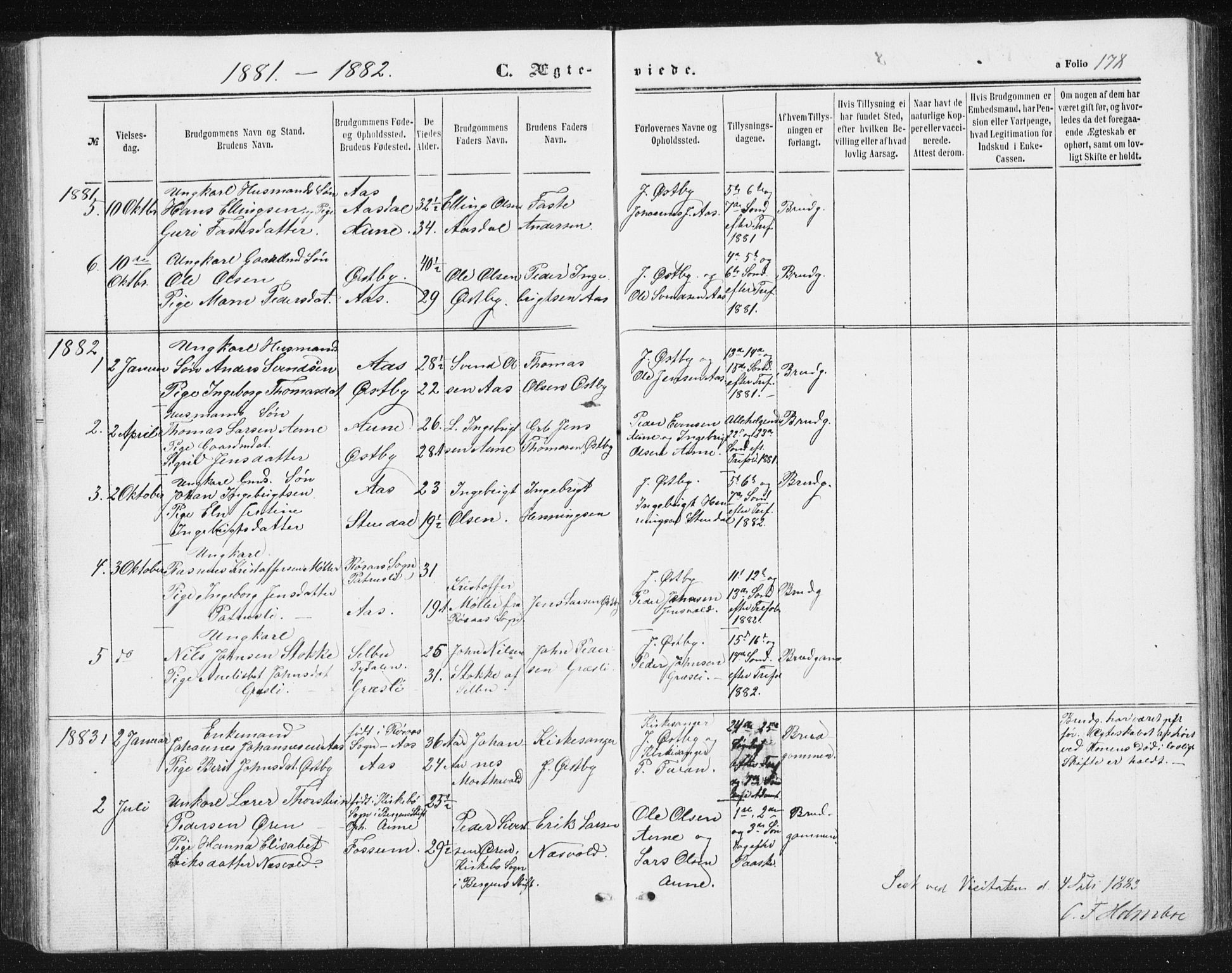 Ministerialprotokoller, klokkerbøker og fødselsregistre - Sør-Trøndelag, SAT/A-1456/698/L1166: Parish register (copy) no. 698C03, 1861-1887, p. 178