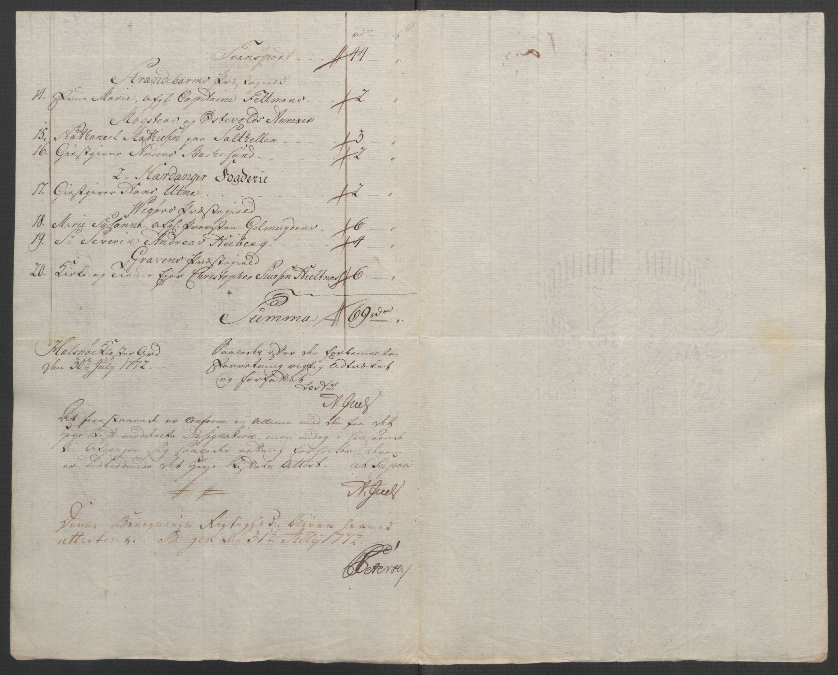 Rentekammeret inntil 1814, Reviderte regnskaper, Fogderegnskap, AV/RA-EA-4092/R48/L3136: Ekstraskatten Sunnhordland og Hardanger, 1762-1772, p. 251