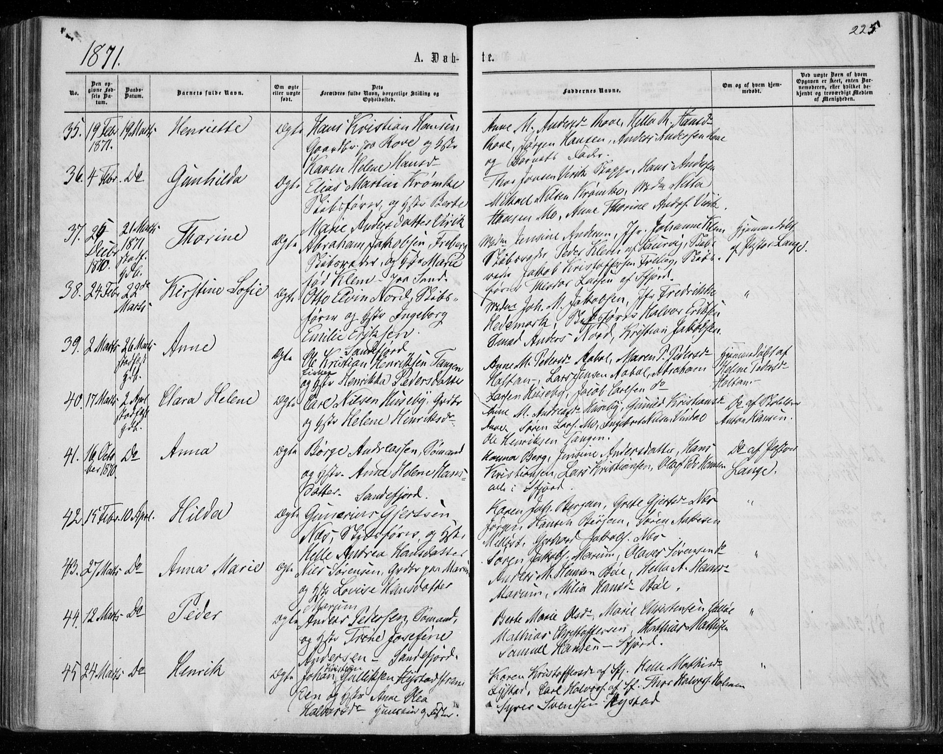 Sandar kirkebøker, SAKO/A-243/F/Fa/L0008: Parish register (official) no. 8, 1862-1871, p. 225