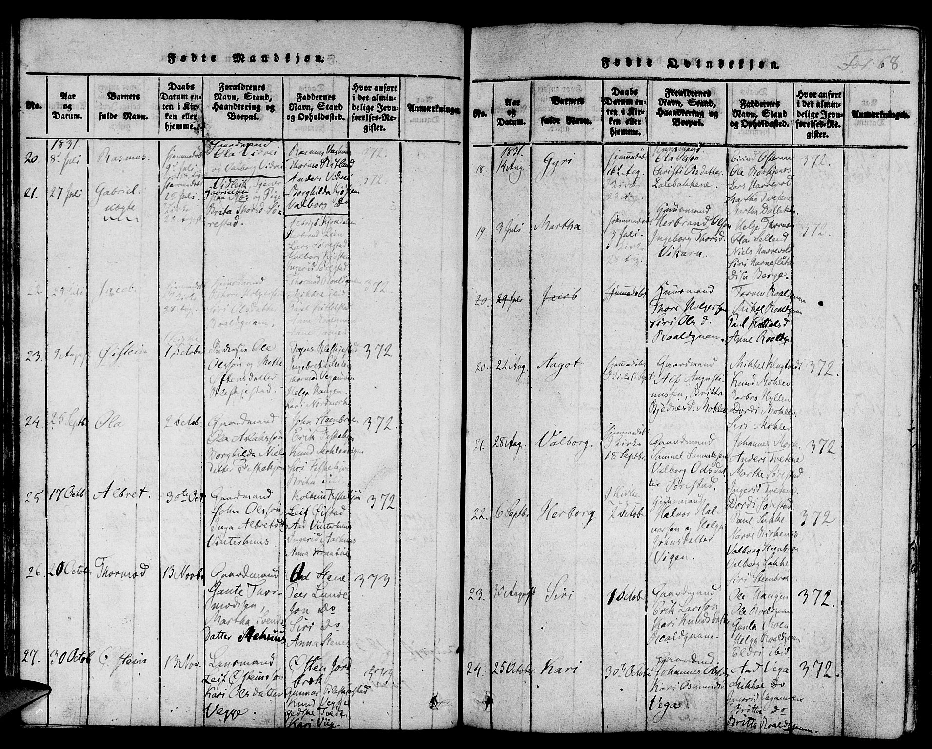 Suldal sokneprestkontor, AV/SAST-A-101845/01/IV/L0006: Parish register (official) no. A 6, 1816-1836, p. 68