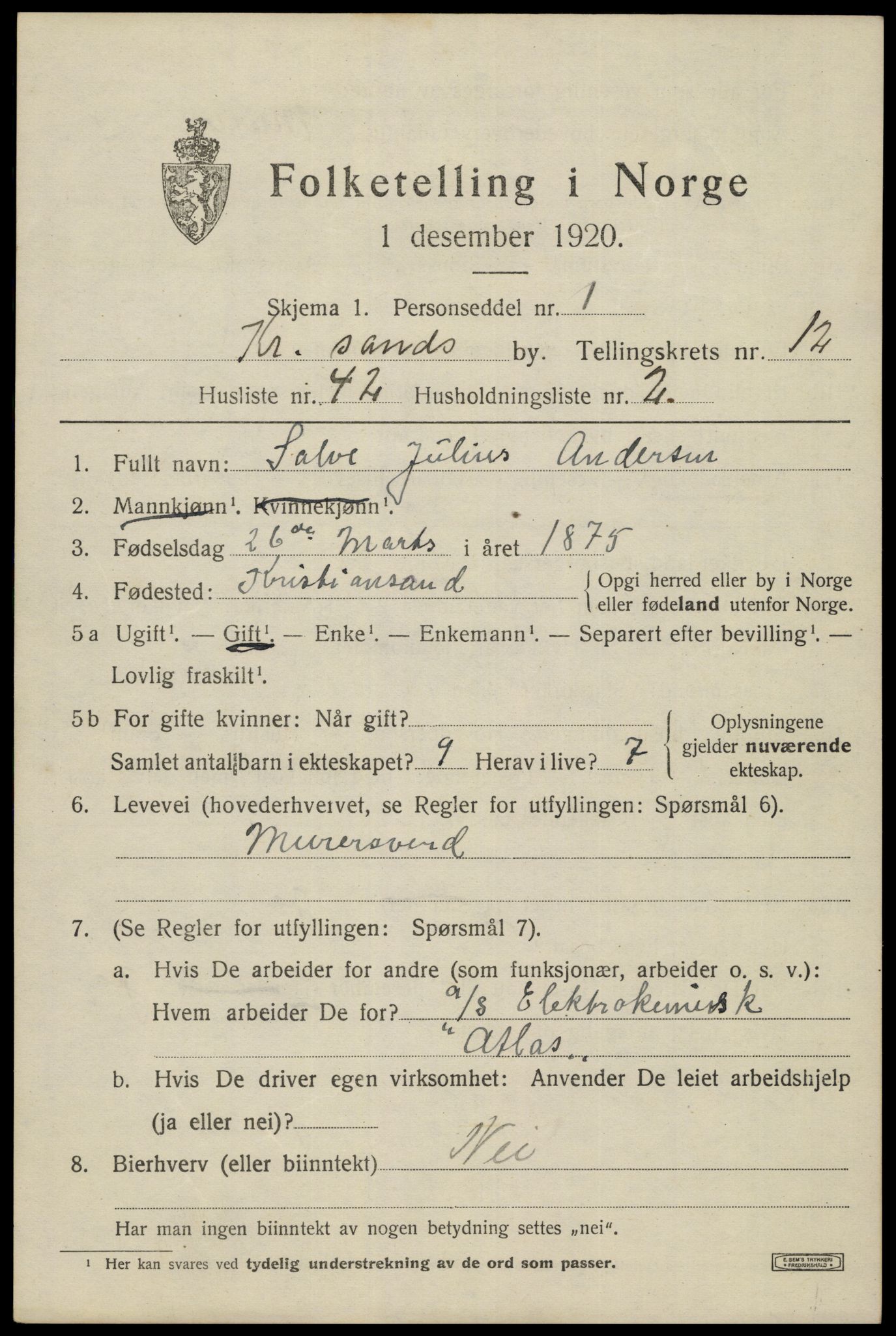 SAK, 1920 census for Kristiansand, 1920, p. 26765