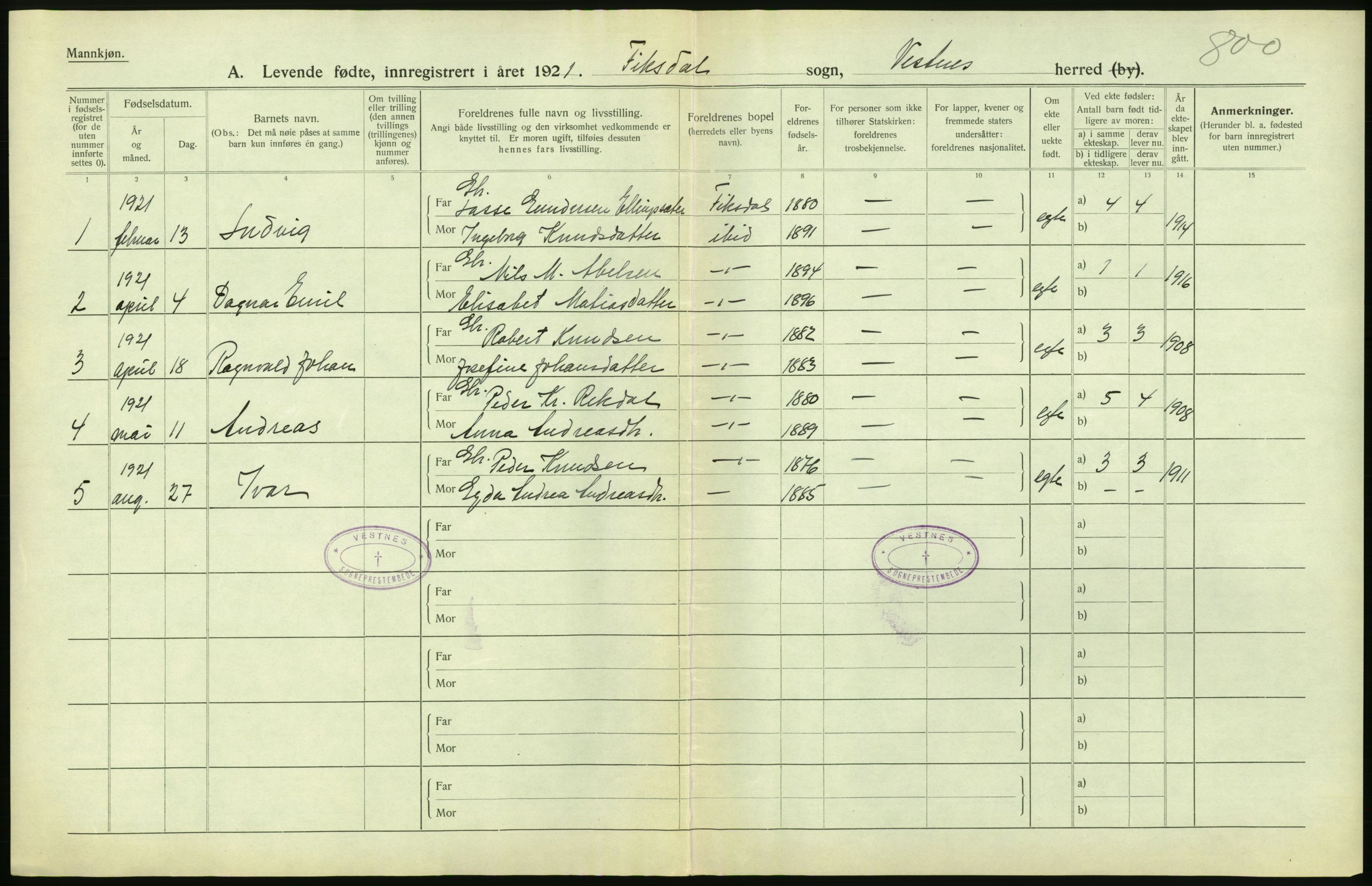 Statistisk sentralbyrå, Sosiodemografiske emner, Befolkning, RA/S-2228/D/Df/Dfc/Dfca/L0040: Møre fylke: Levendefødte menn og kvinner. Bygder., 1921, p. 334