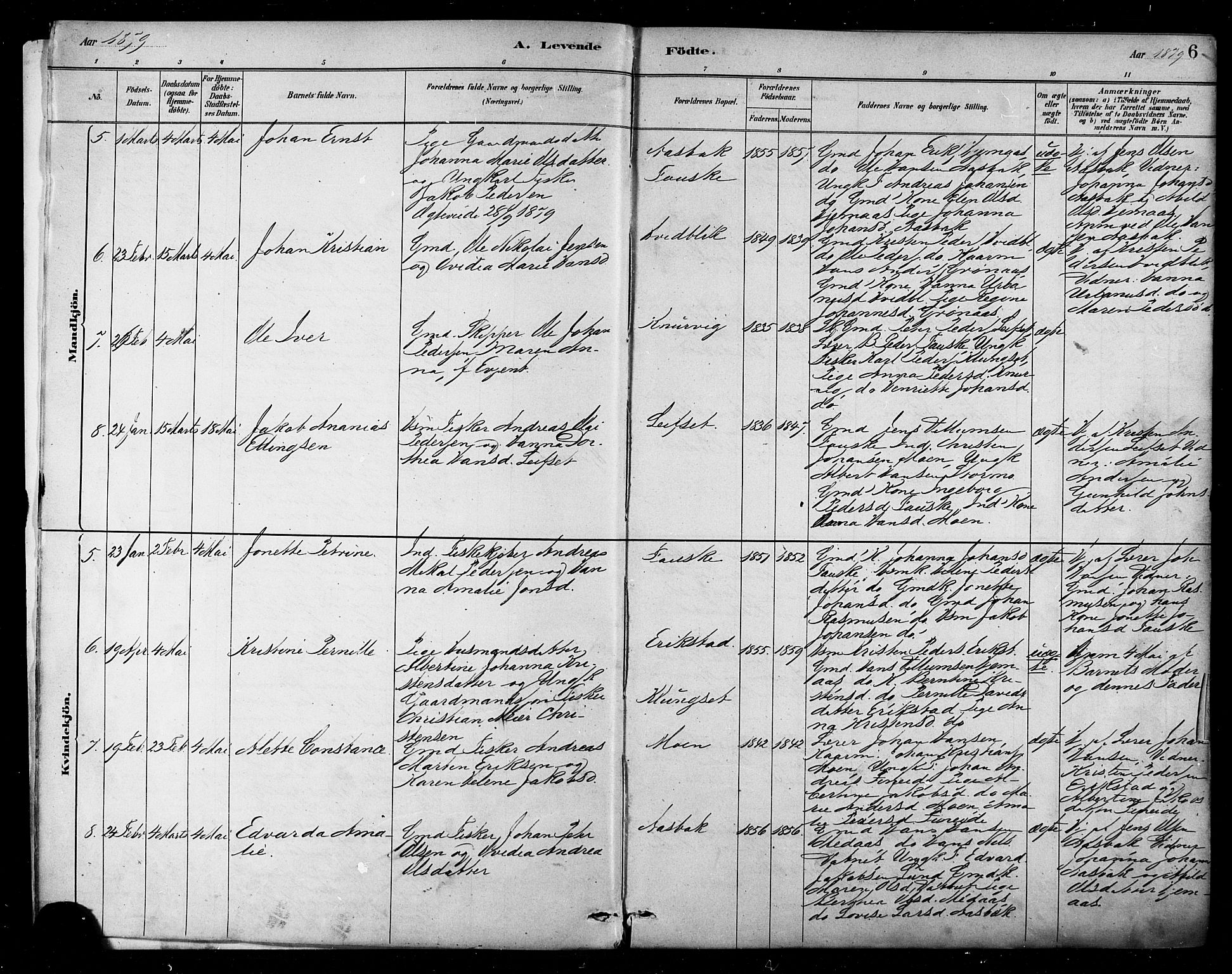 Ministerialprotokoller, klokkerbøker og fødselsregistre - Nordland, AV/SAT-A-1459/849/L0689: Parish register (official) no. 849A01, 1879-1889, p. 6