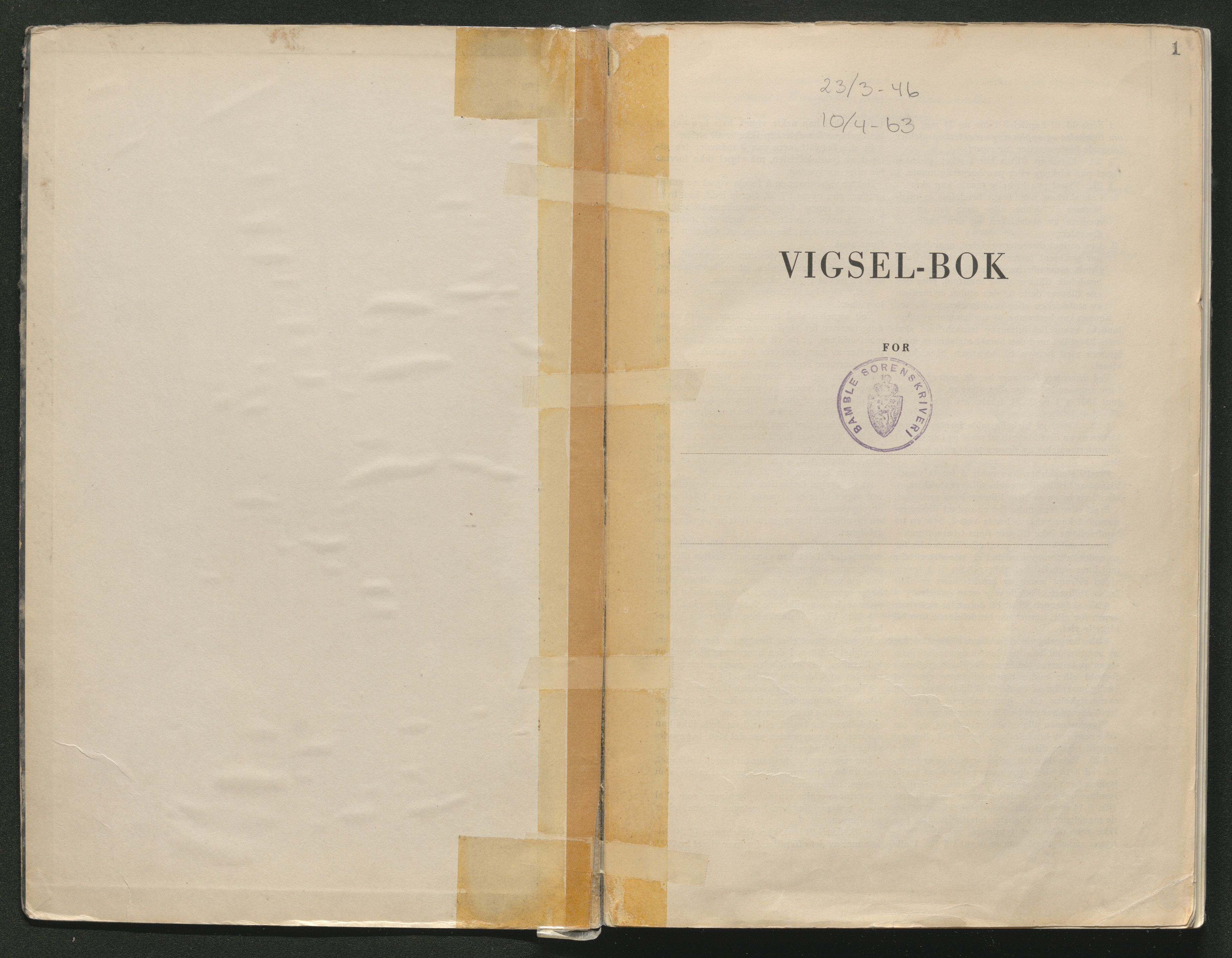 Bamble sorenskriveri, SAKO/A-214/L/Lb/L0001: Vigselsprotokoll, 1920-1969