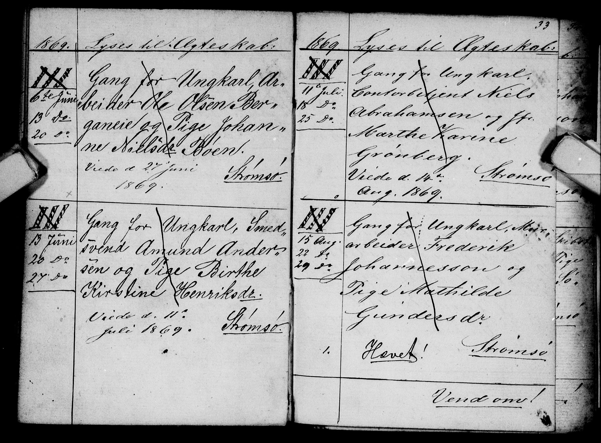 Strømsø kirkebøker, AV/SAKO-A-246/H/Ha/L0003: Banns register no. 3, 1866-1874, p. 33