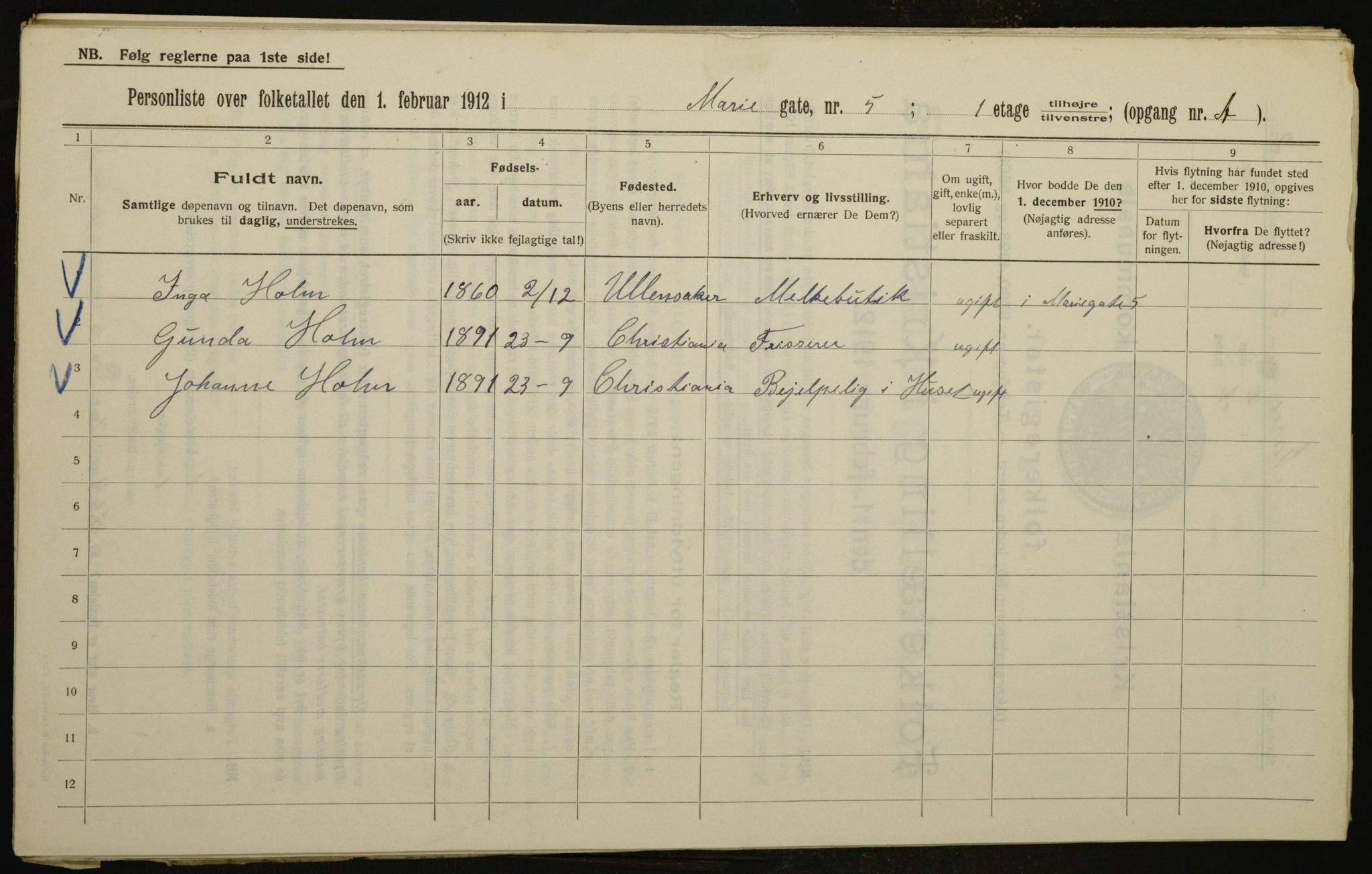 OBA, Municipal Census 1912 for Kristiania, 1912, p. 63231