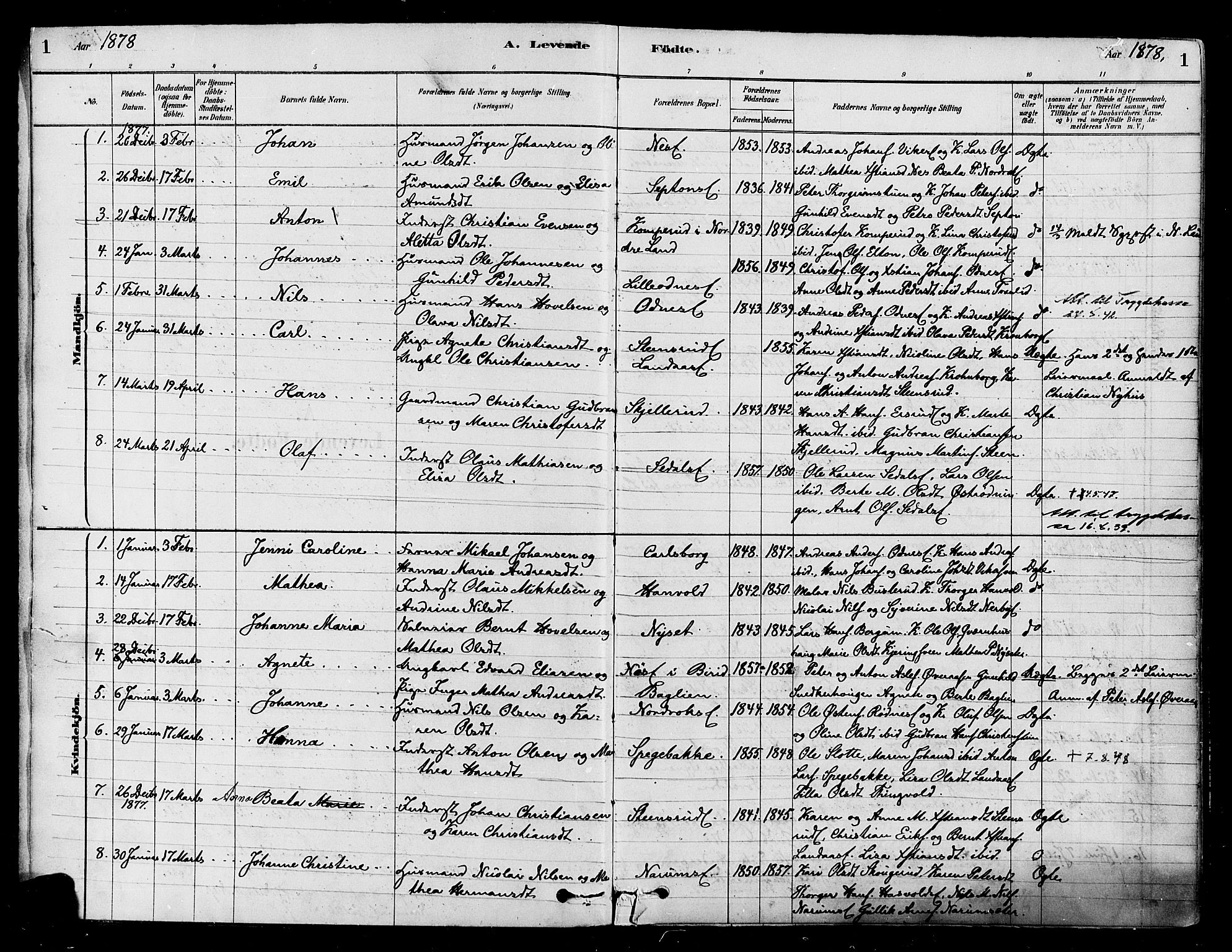 Søndre Land prestekontor, SAH/PREST-122/K/L0002: Parish register (official) no. 2, 1878-1894, p. 1