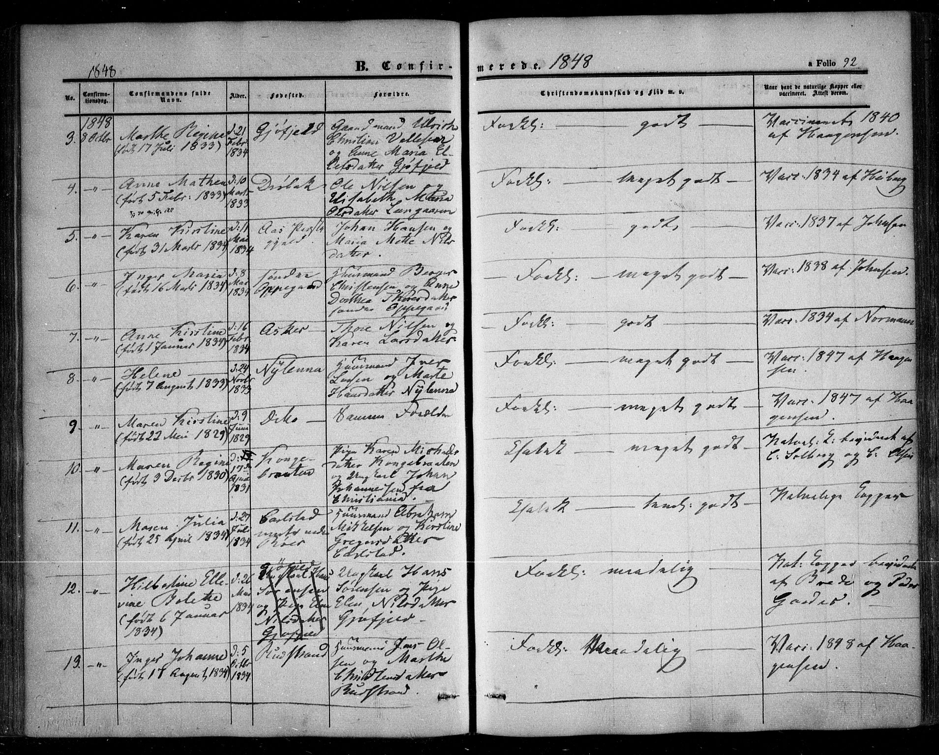 Nesodden prestekontor Kirkebøker, AV/SAO-A-10013/F/Fa/L0007: Parish register (official) no. I 7, 1848-1868, p. 92