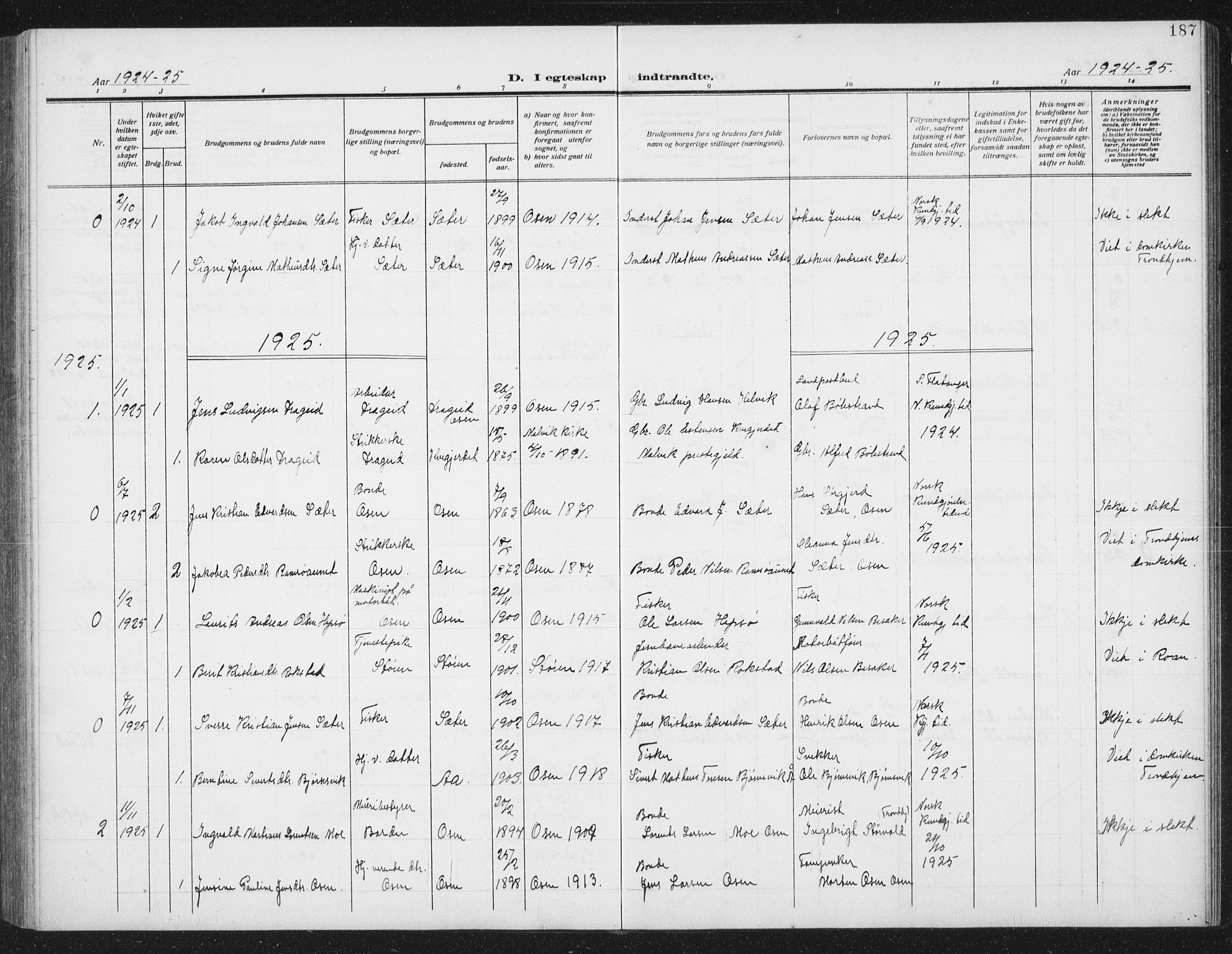Ministerialprotokoller, klokkerbøker og fødselsregistre - Sør-Trøndelag, SAT/A-1456/658/L0727: Parish register (copy) no. 658C03, 1909-1935, p. 187