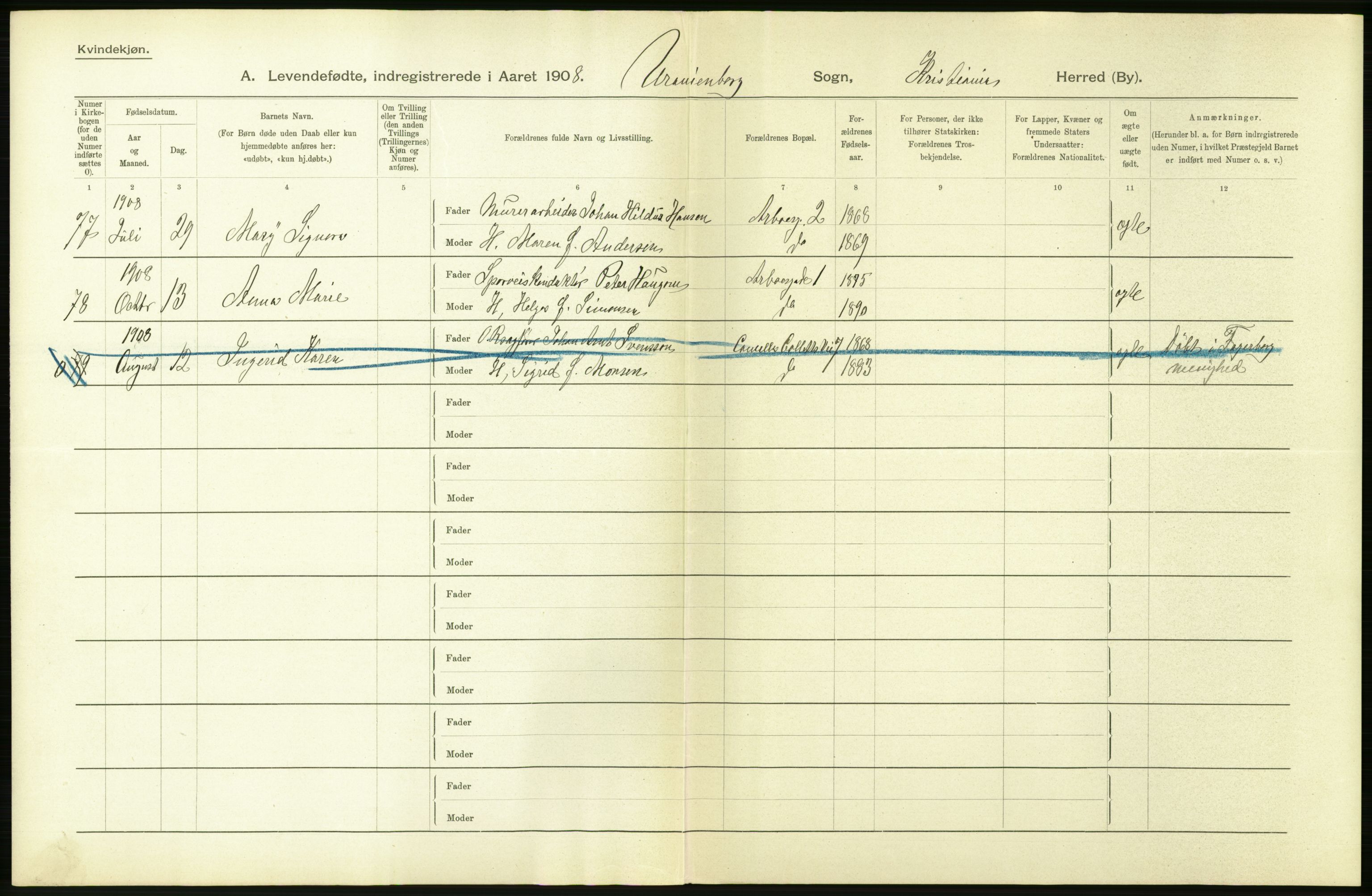Statistisk sentralbyrå, Sosiodemografiske emner, Befolkning, AV/RA-S-2228/D/Df/Dfa/Dfaf/L0005: Kristiania: Levendefødte menn og kvinner., 1908, p. 292