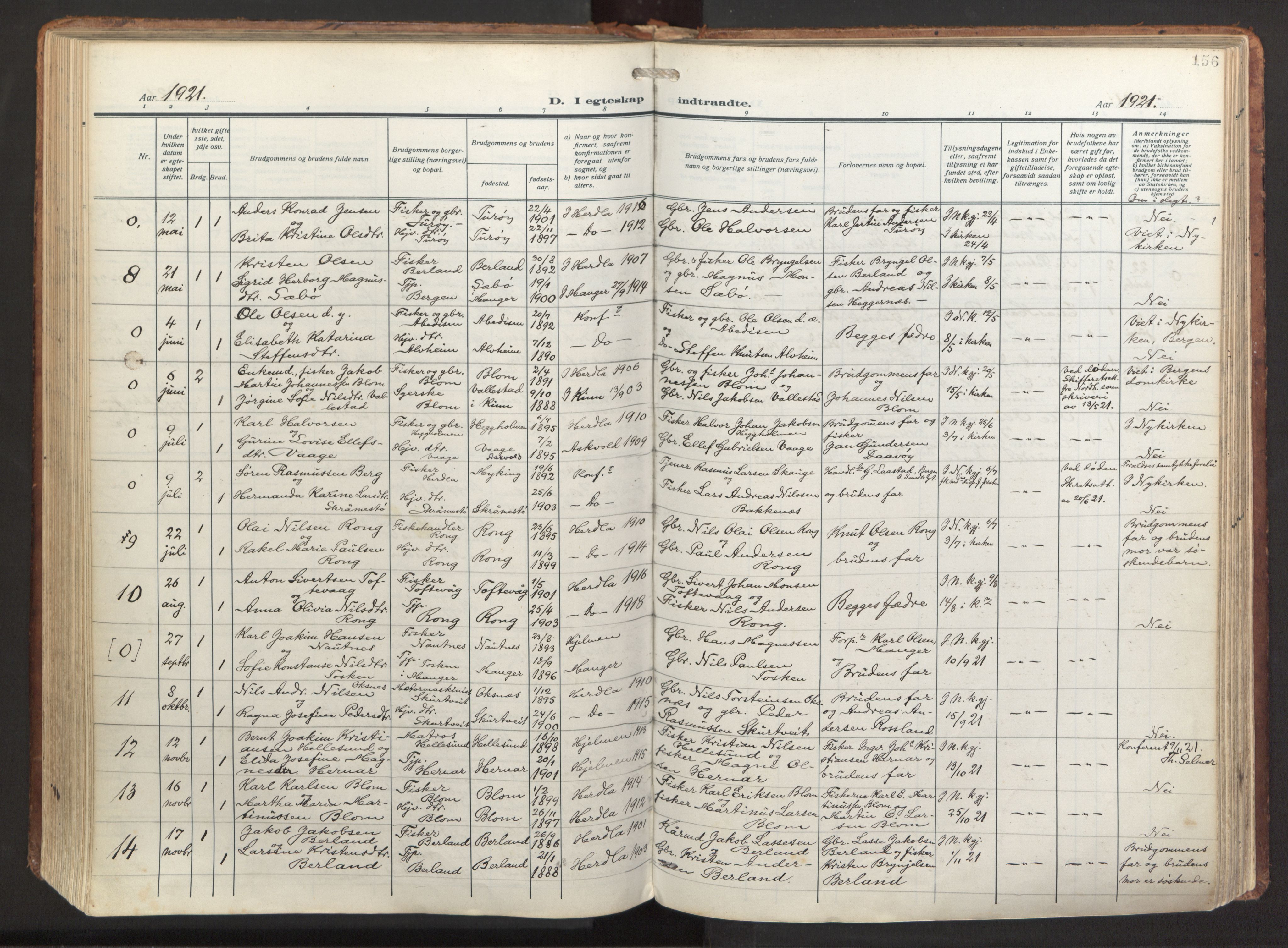 Herdla Sokneprestembete, SAB/A-75701/H/Haa: Parish register (official) no. A 6, 1918-1933, p. 156