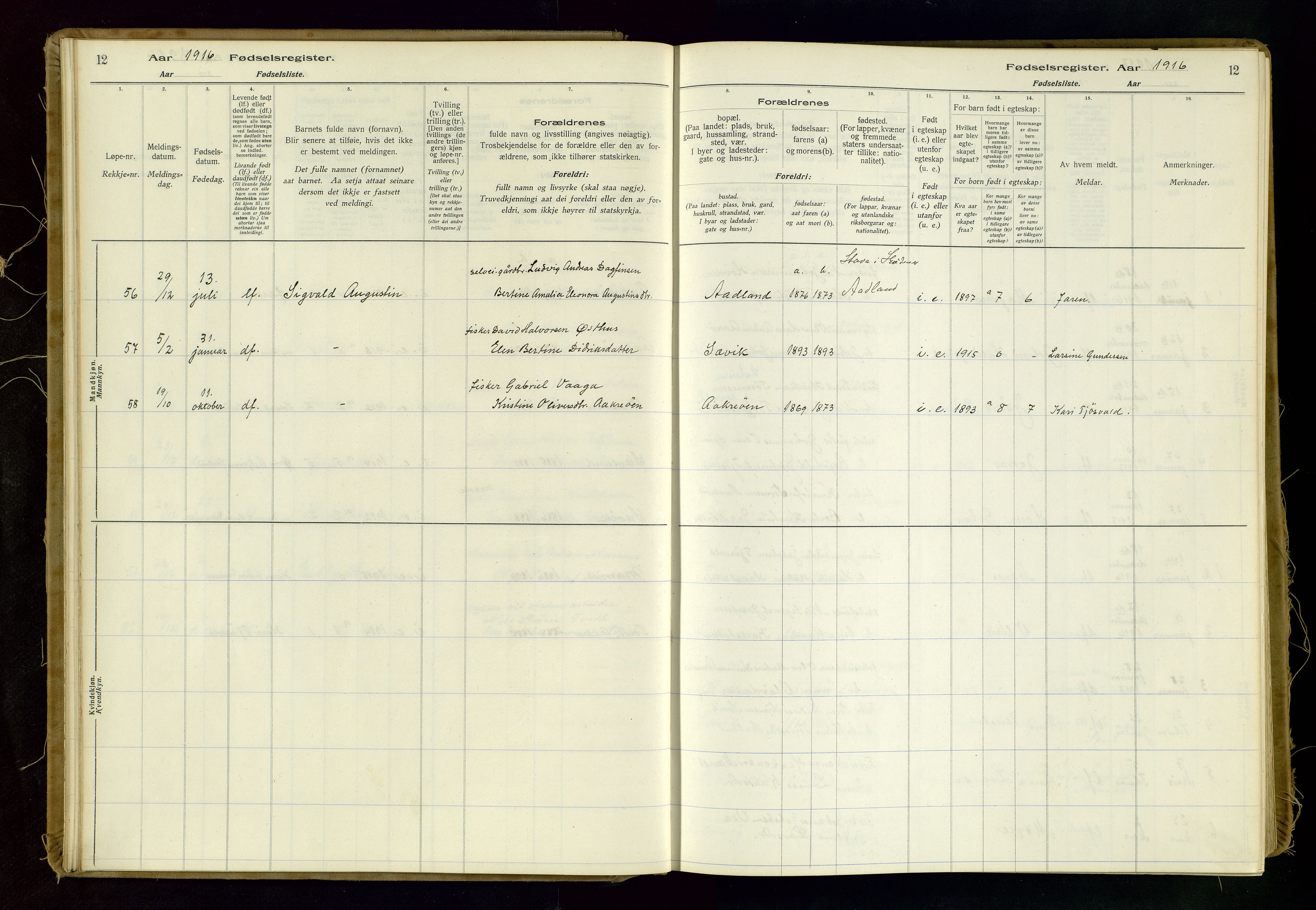 Kopervik sokneprestkontor, SAST/A-101850/I/Id/L0006: Birth register no. 6, 1916-1934, p. 12