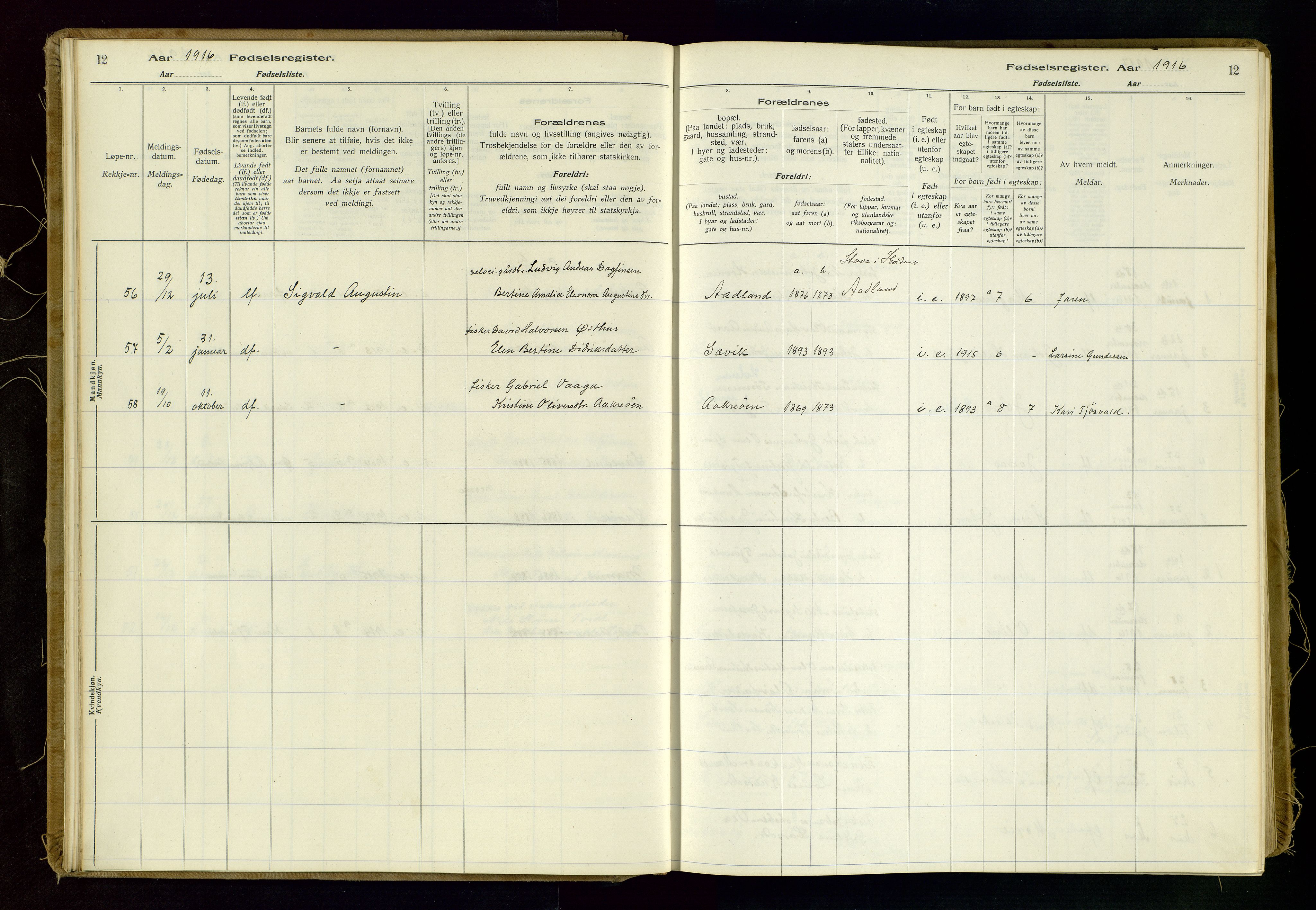 Kopervik sokneprestkontor, AV/SAST-A-101850/I/Id/L0006: Birth register no. 6, 1916-1934, p. 12