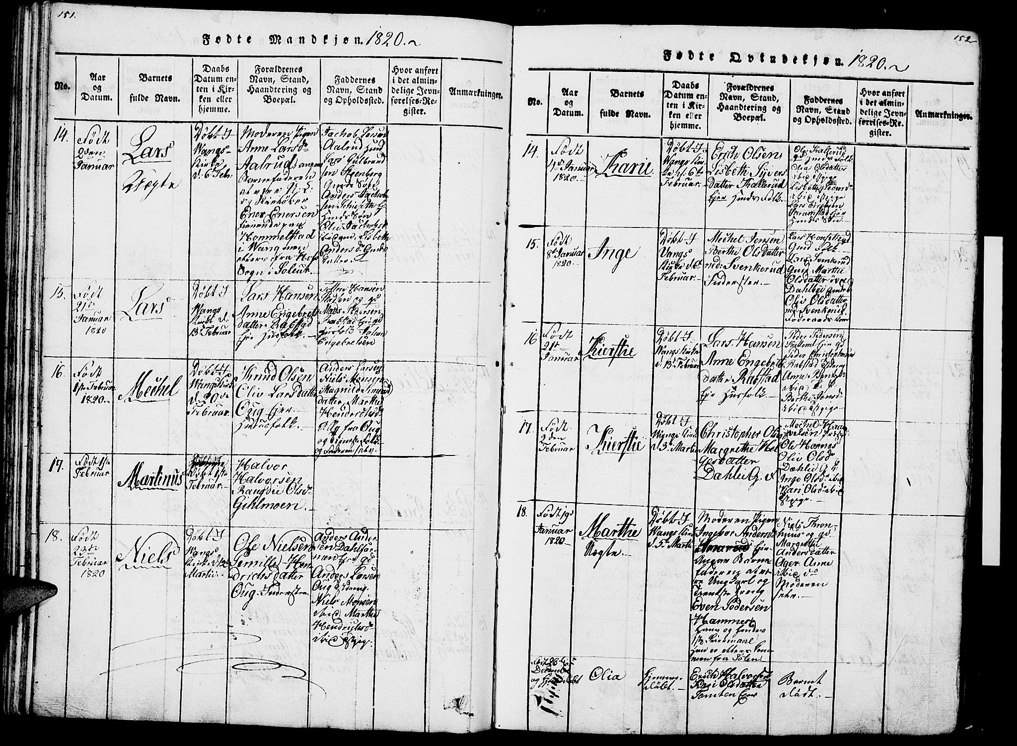 Vang prestekontor, Hedmark, AV/SAH-PREST-008/H/Ha/Haa/L0007: Parish register (official) no. 7, 1813-1826, p. 151-152