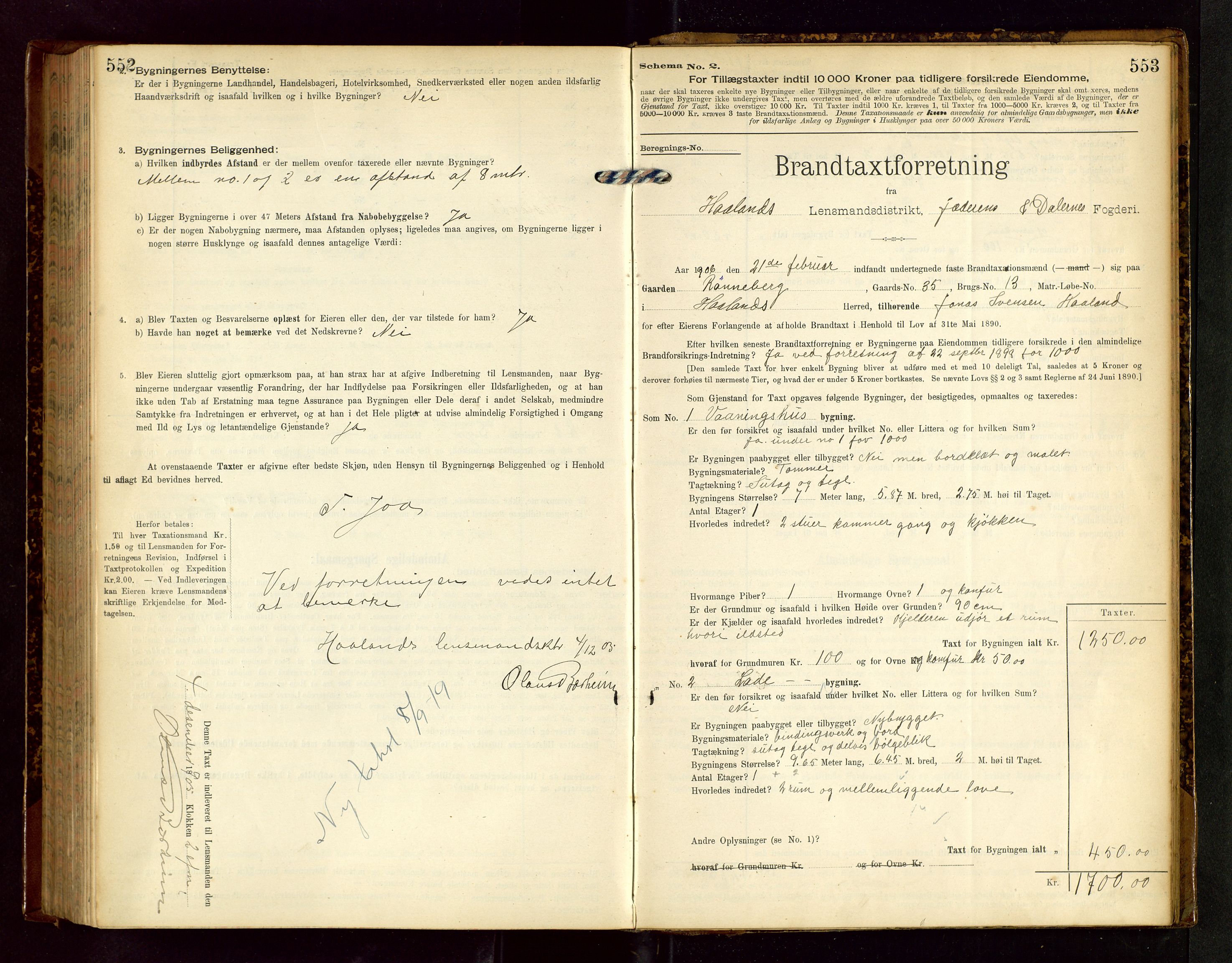 Håland lensmannskontor, SAST/A-100100/Gob/L0002: Branntakstprotokoll - skjematakst. Register i boken., 1902-1906, p. 552-553