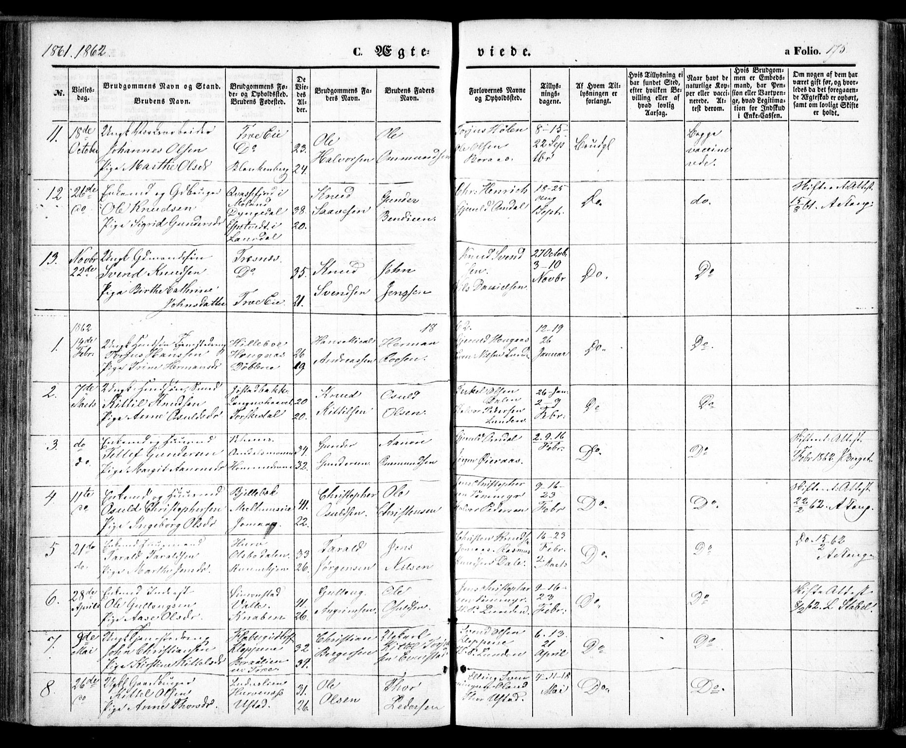 Froland sokneprestkontor, SAK/1111-0013/F/Fa/L0002: Parish register (official) no. A 2, 1845-1863, p. 175