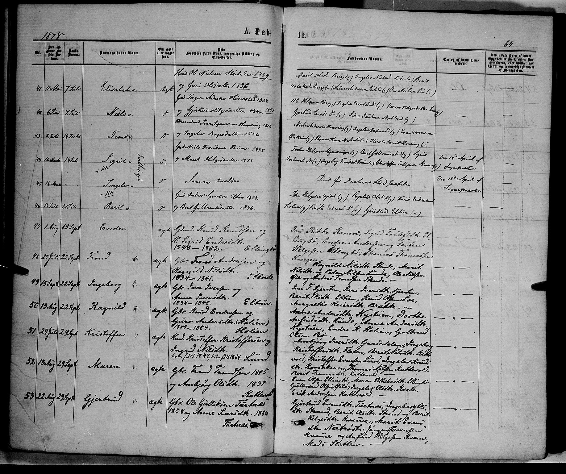 Vang prestekontor, Valdres, SAH/PREST-140/H/Ha/L0007: Parish register (official) no. 7, 1865-1881, p. 64