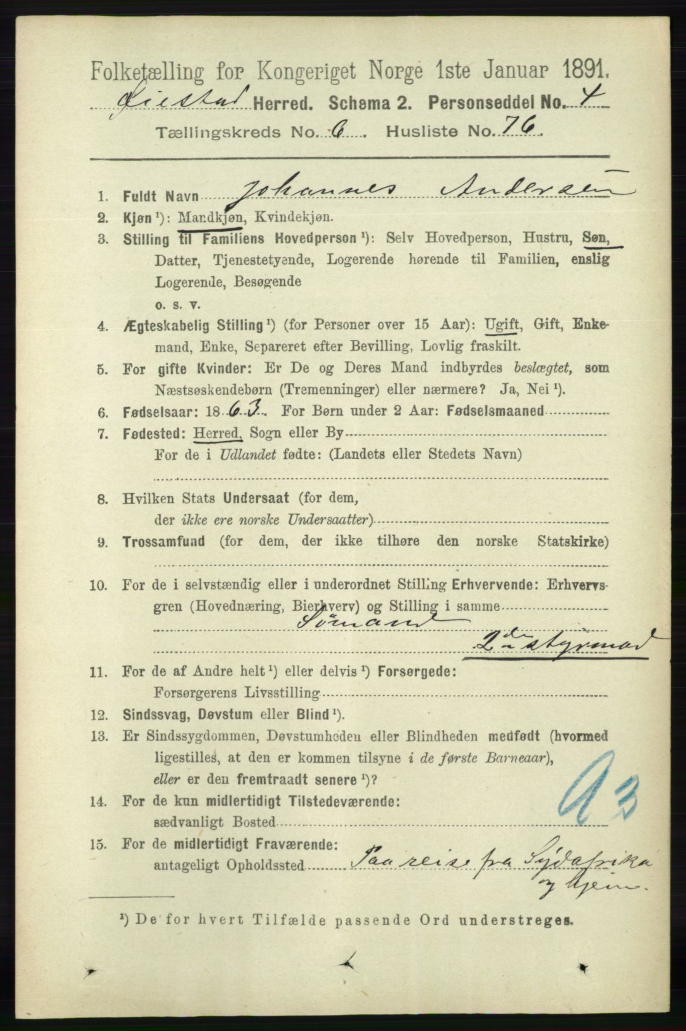 RA, 1891 census for 0920 Øyestad, 1891, p. 2558