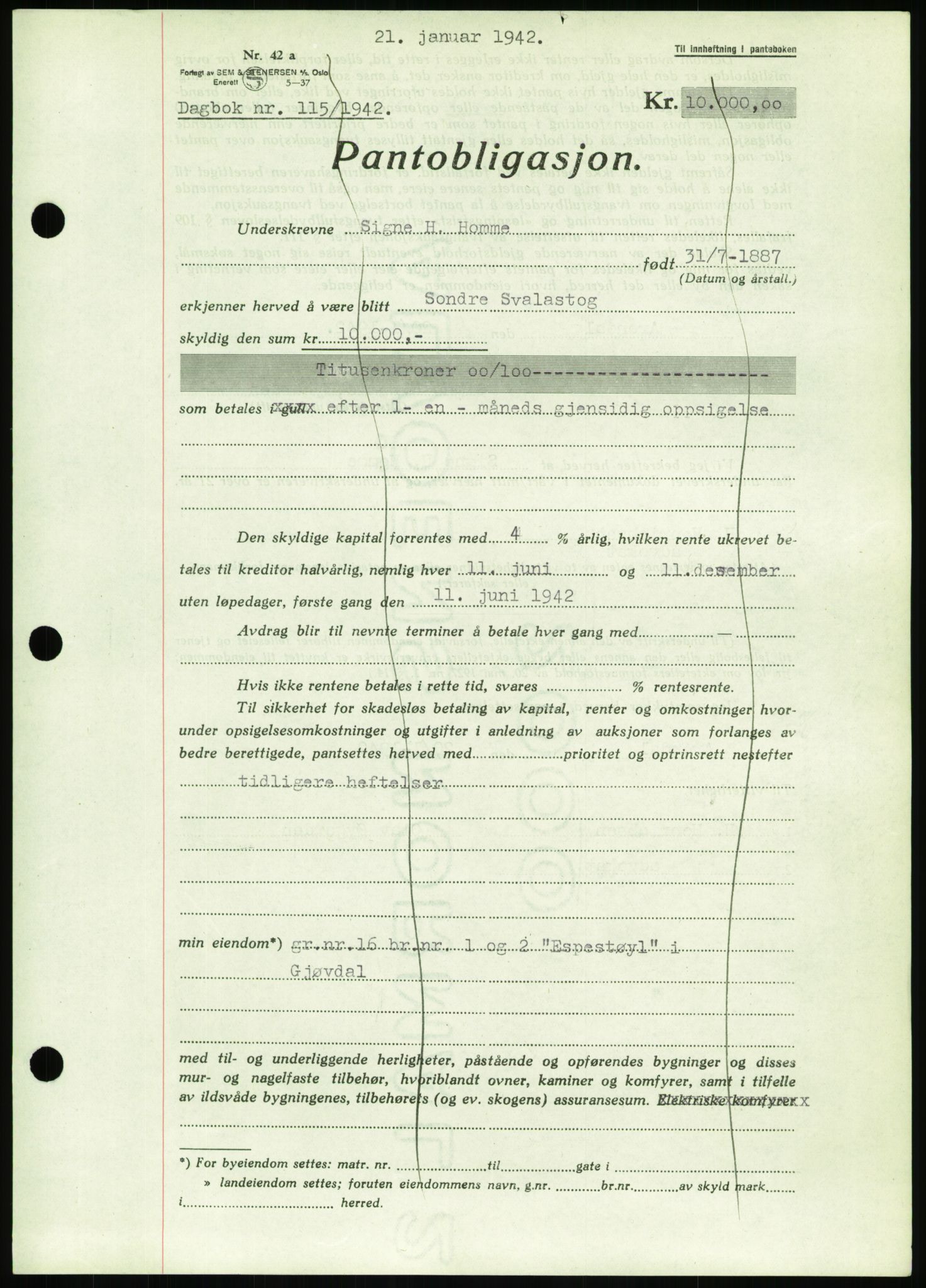 Nedenes sorenskriveri, SAK/1221-0006/G/Gb/Gbb/L0001: Mortgage book no. I, 1939-1942, Diary no: : 115/1942
