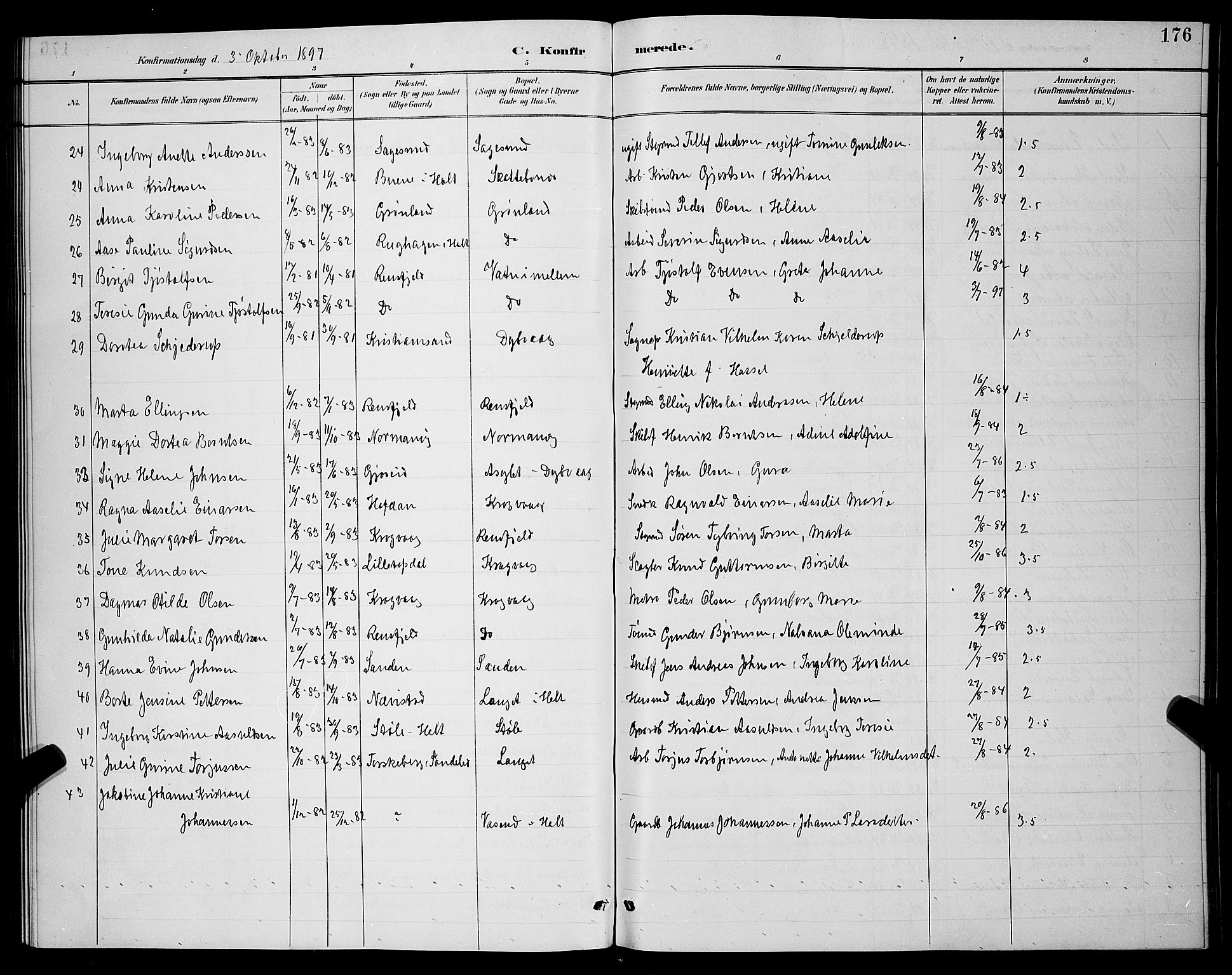 Dypvåg sokneprestkontor, SAK/1111-0007/F/Fb/Fba/L0013: Parish register (copy) no. B 13, 1887-1900, p. 176