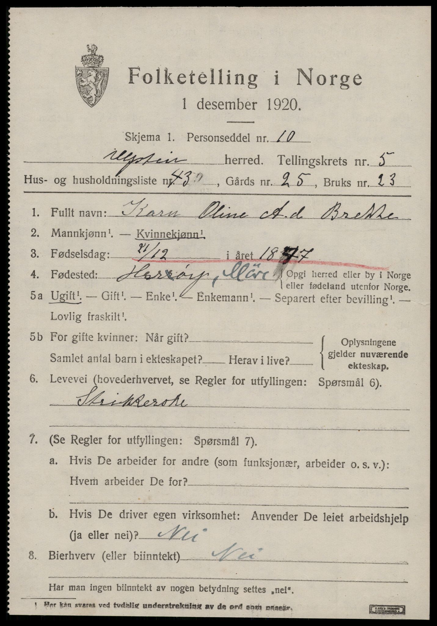 SAT, 1920 census for Ulstein, 1920, p. 3796