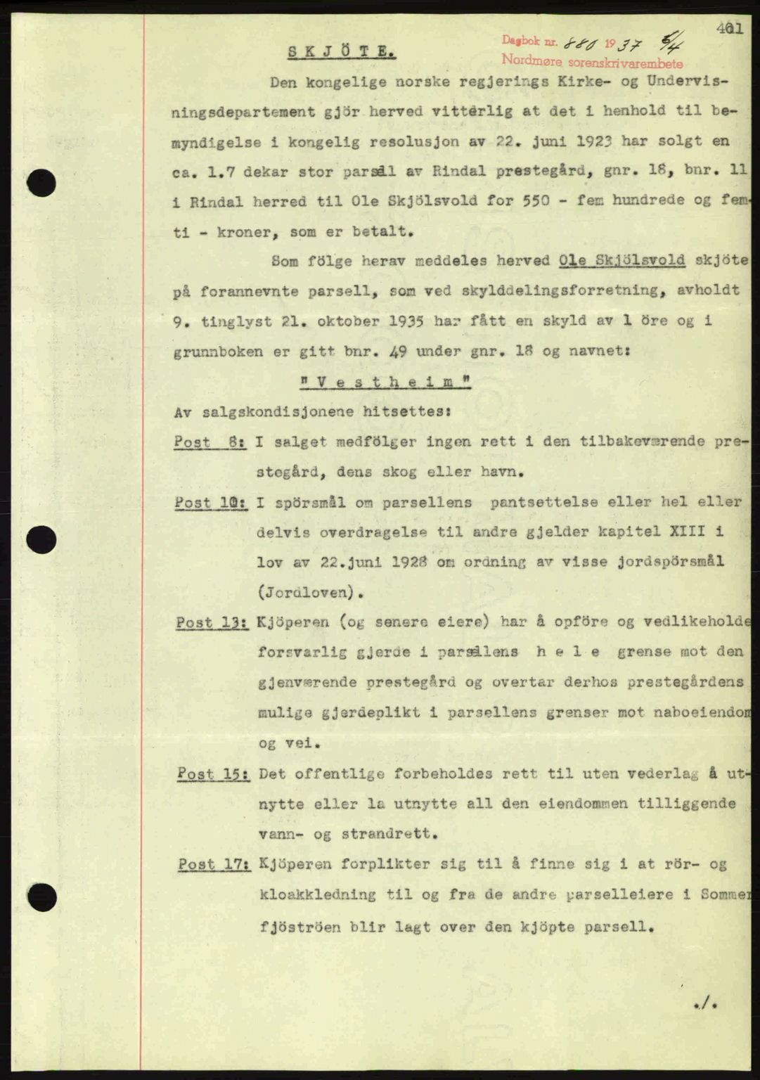 Nordmøre sorenskriveri, AV/SAT-A-4132/1/2/2Ca: Mortgage book no. A81, 1937-1937, Diary no: : 880/1937