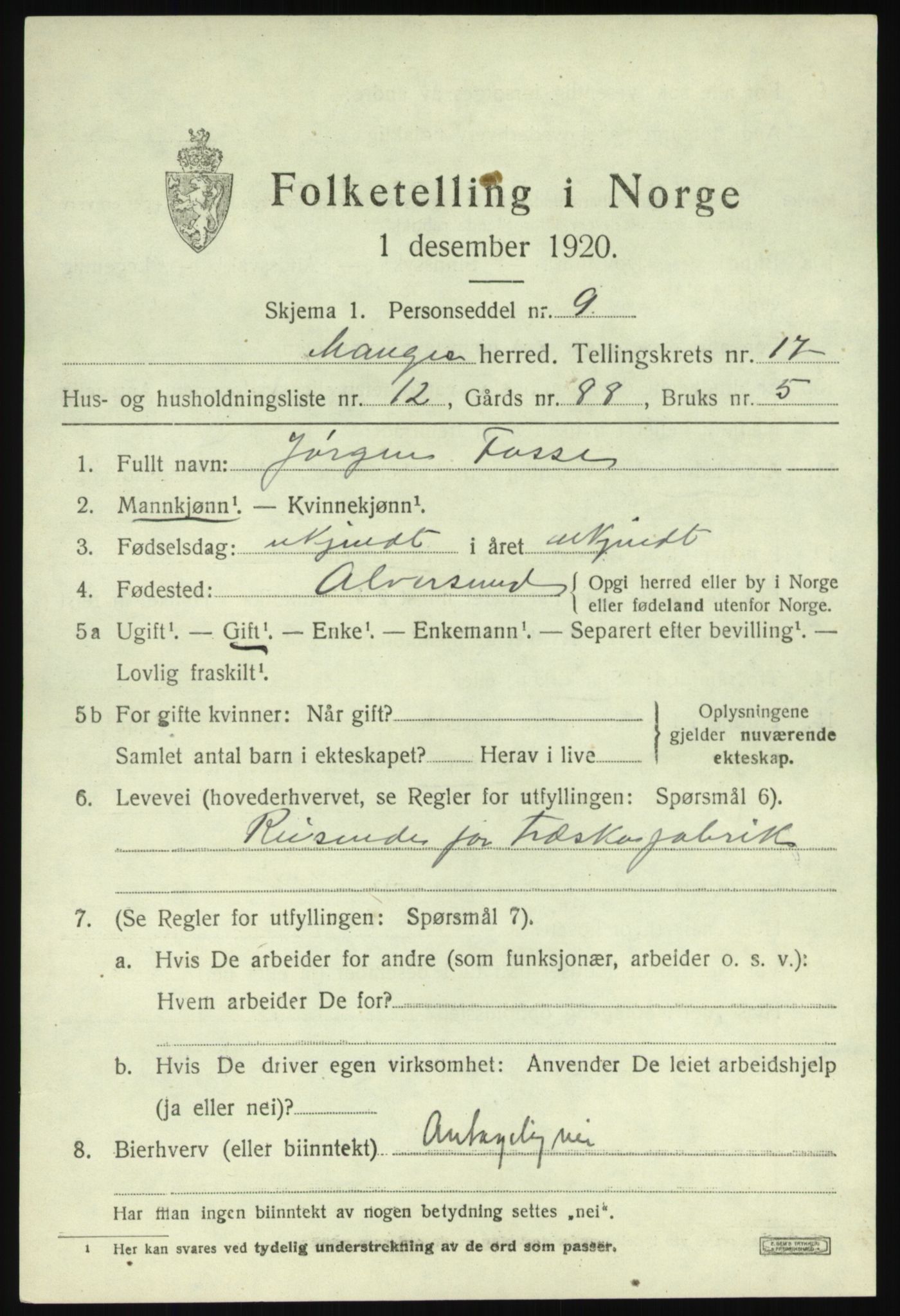 SAB, 1920 census for Manger, 1920, p. 9704