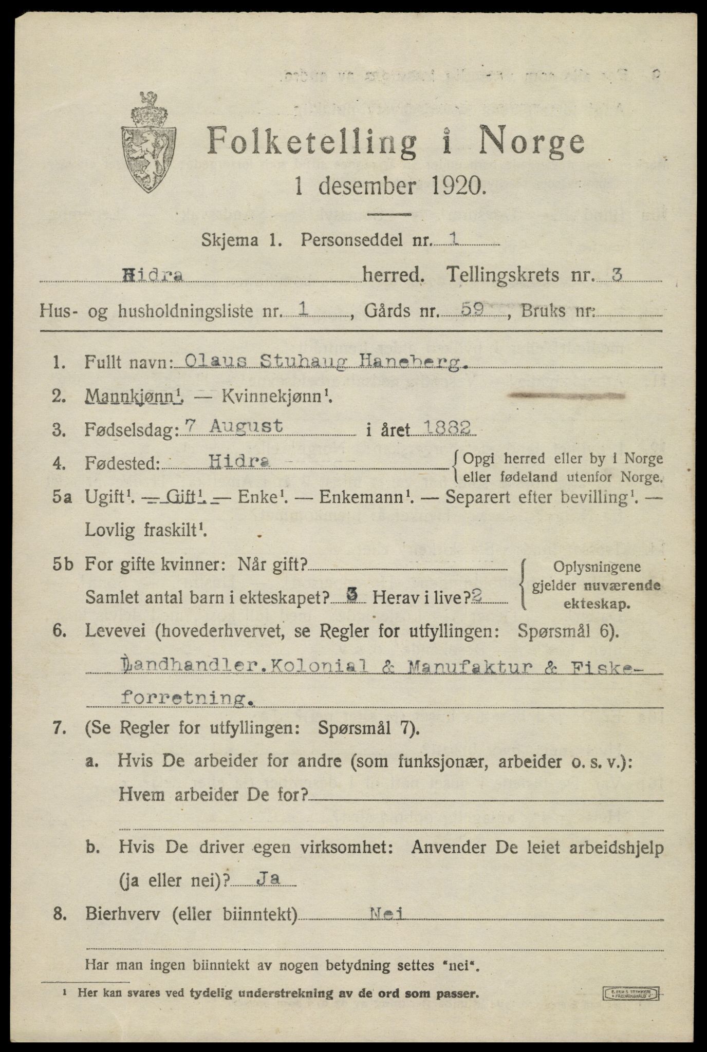 SAK, 1920 census for Hidra, 1920, p. 1540