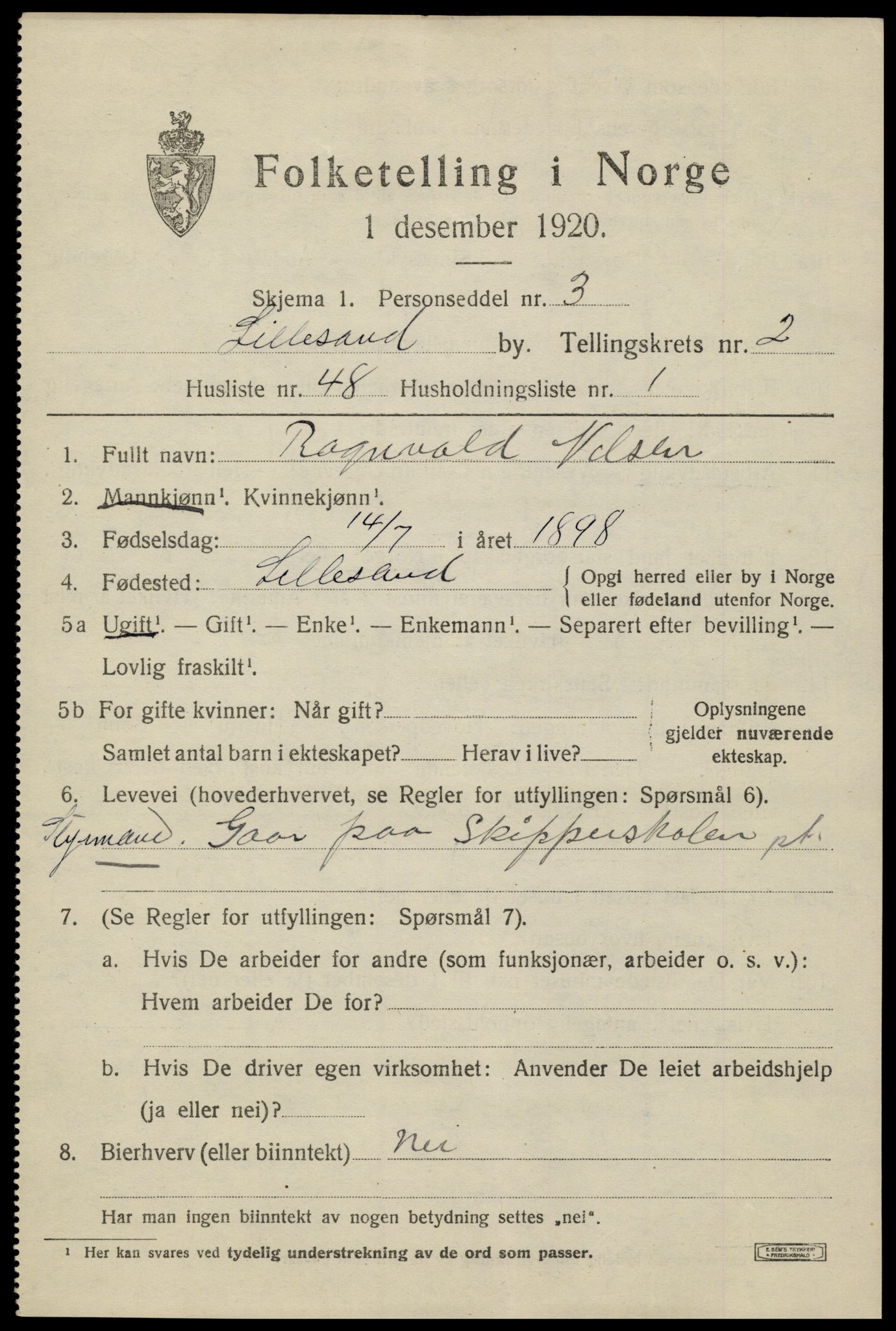 SAK, 1920 census for Lillesand, 1920, p. 2911