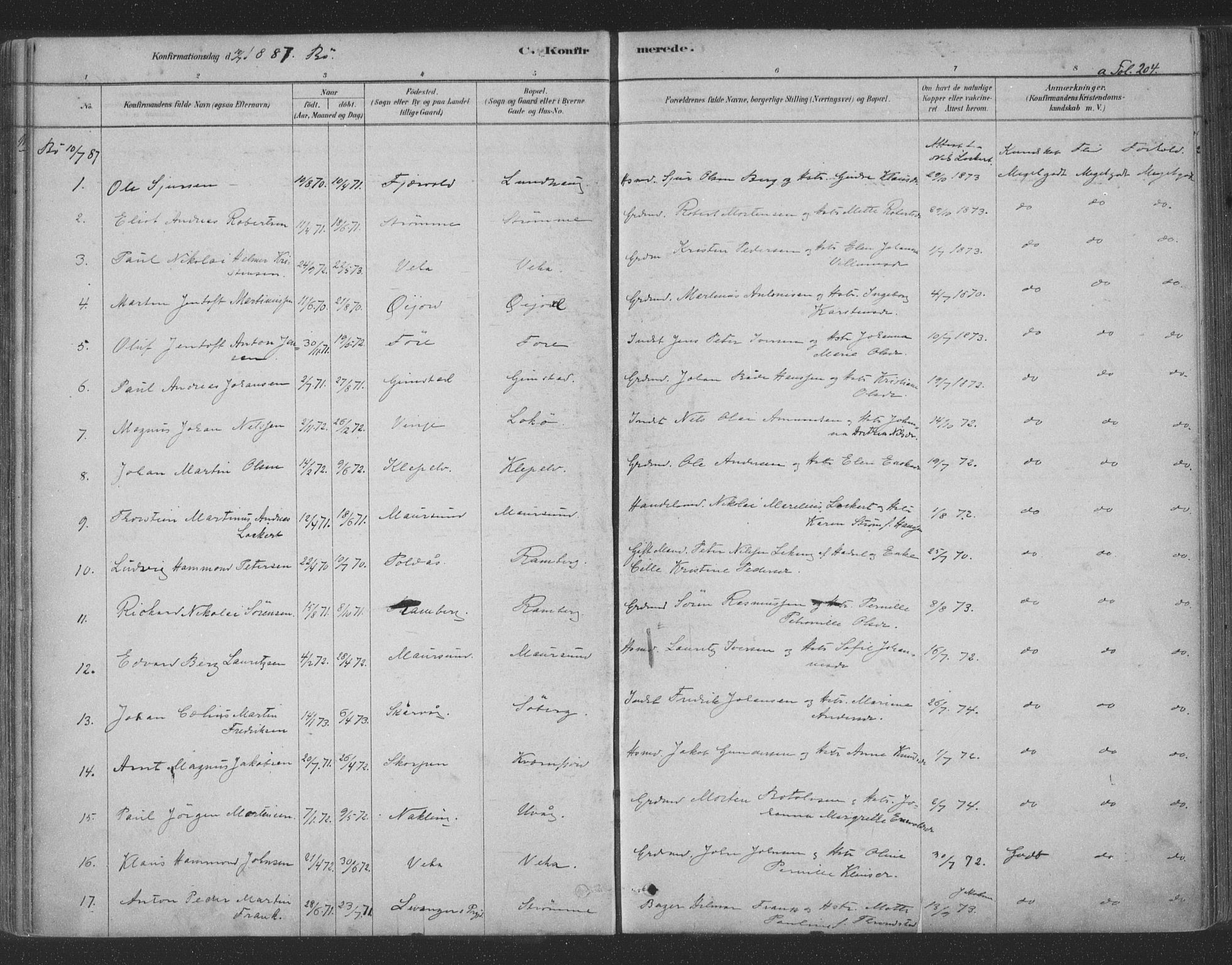 Ministerialprotokoller, klokkerbøker og fødselsregistre - Nordland, AV/SAT-A-1459/891/L1302: Parish register (official) no. 891A07, 1878-1895, p. 204