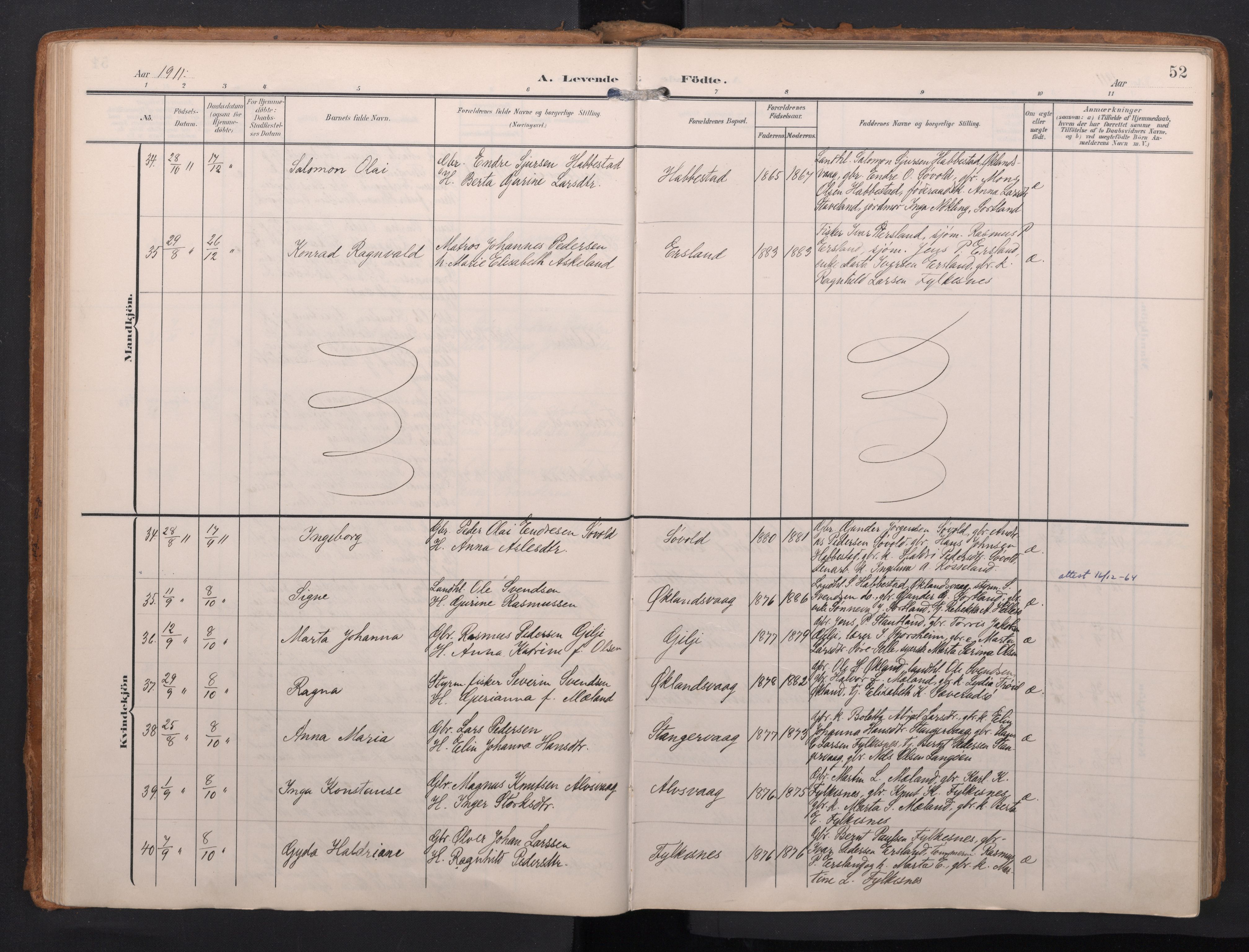 Finnås sokneprestembete, AV/SAB-A-99925/H/Ha/Haa/Haac/L0003: Parish register (official) no. C 3, 1905-1917, p. 52