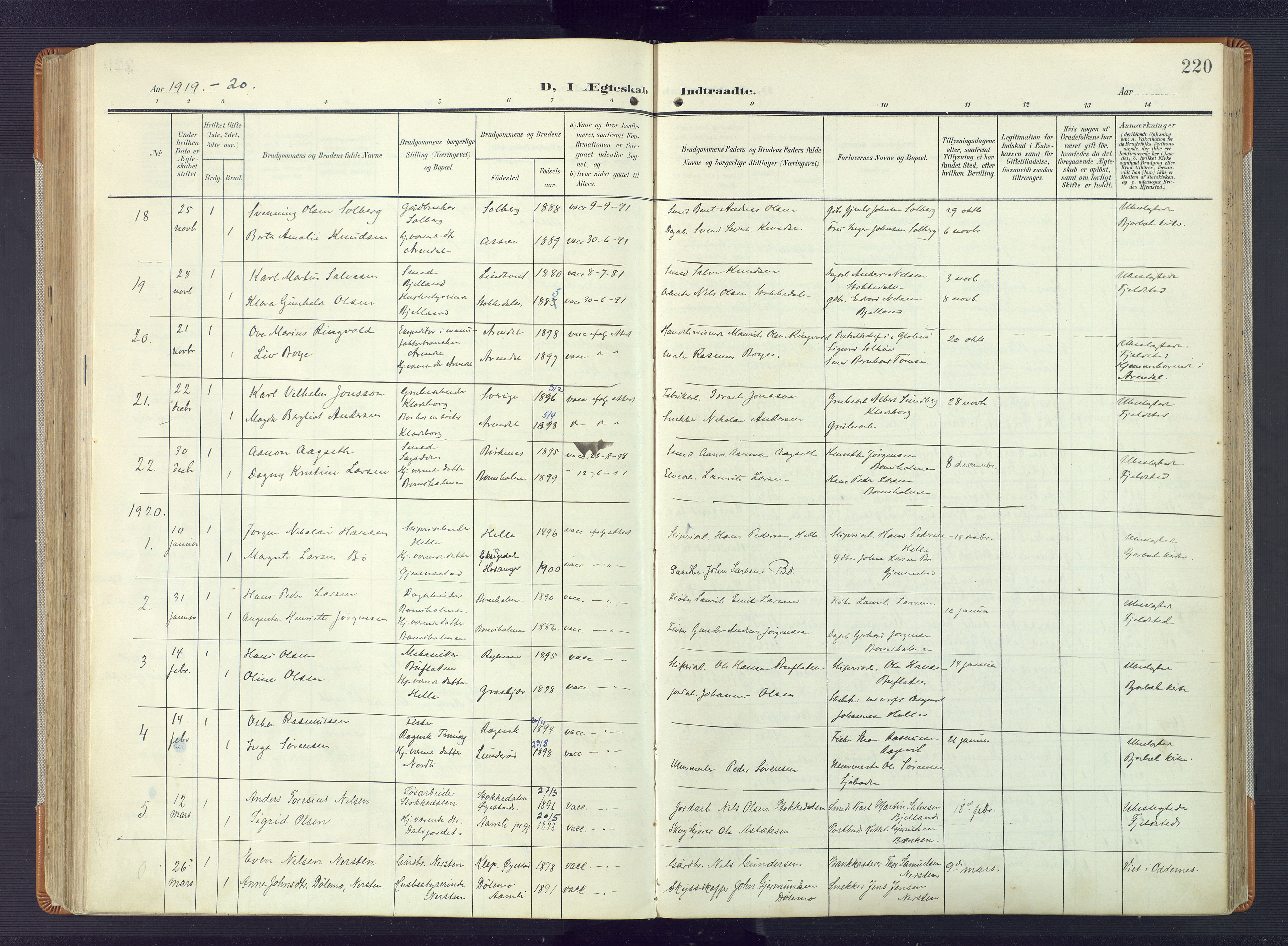 Øyestad sokneprestkontor, AV/SAK-1111-0049/F/Fa/L0019: Parish register (official) no. A 19, 1908-1922, p. 220