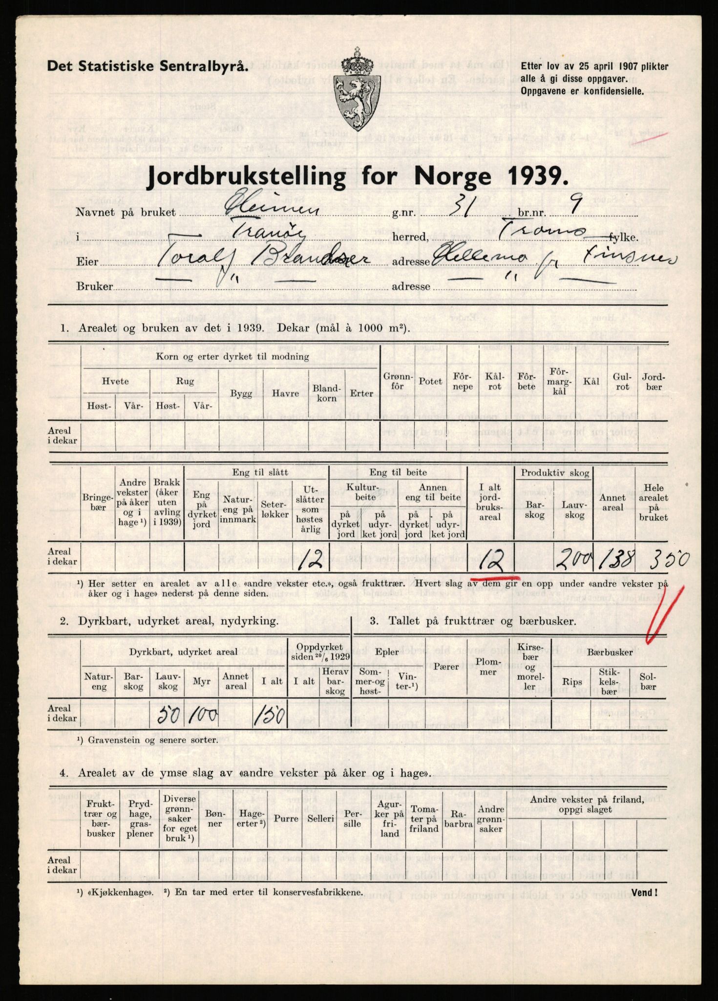 Statistisk sentralbyrå, Næringsøkonomiske emner, Jordbruk, skogbruk, jakt, fiske og fangst, AV/RA-S-2234/G/Gb/L0341: Troms: Sørreisa og Tranøy, 1939, p. 1021