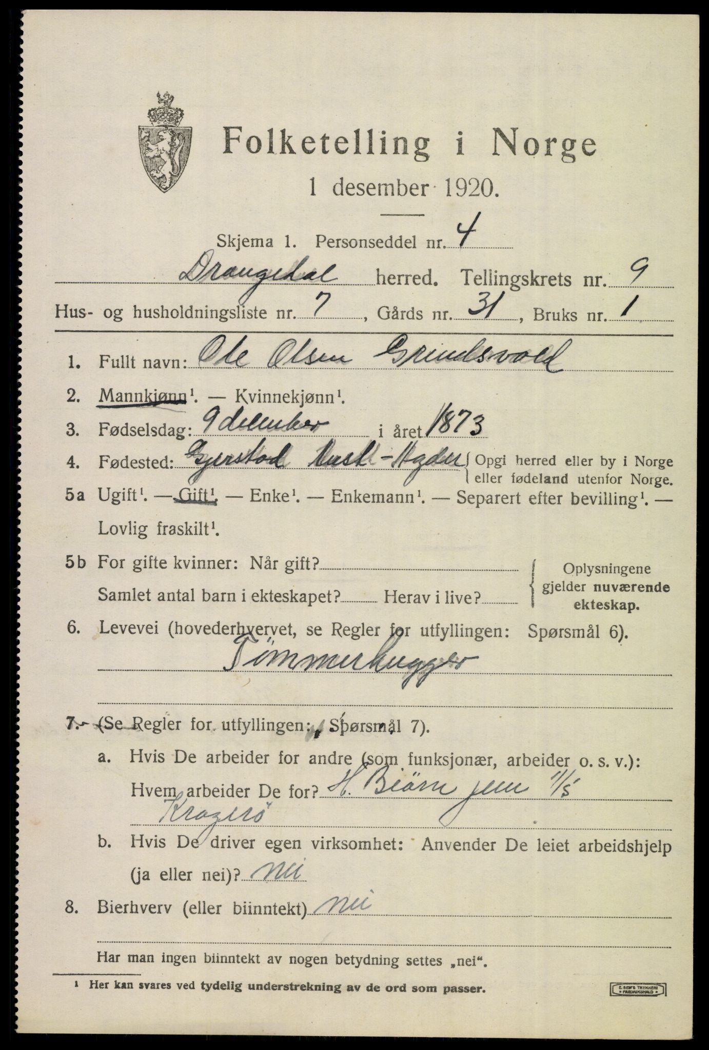 SAKO, 1920 census for Drangedal, 1920, p. 6139