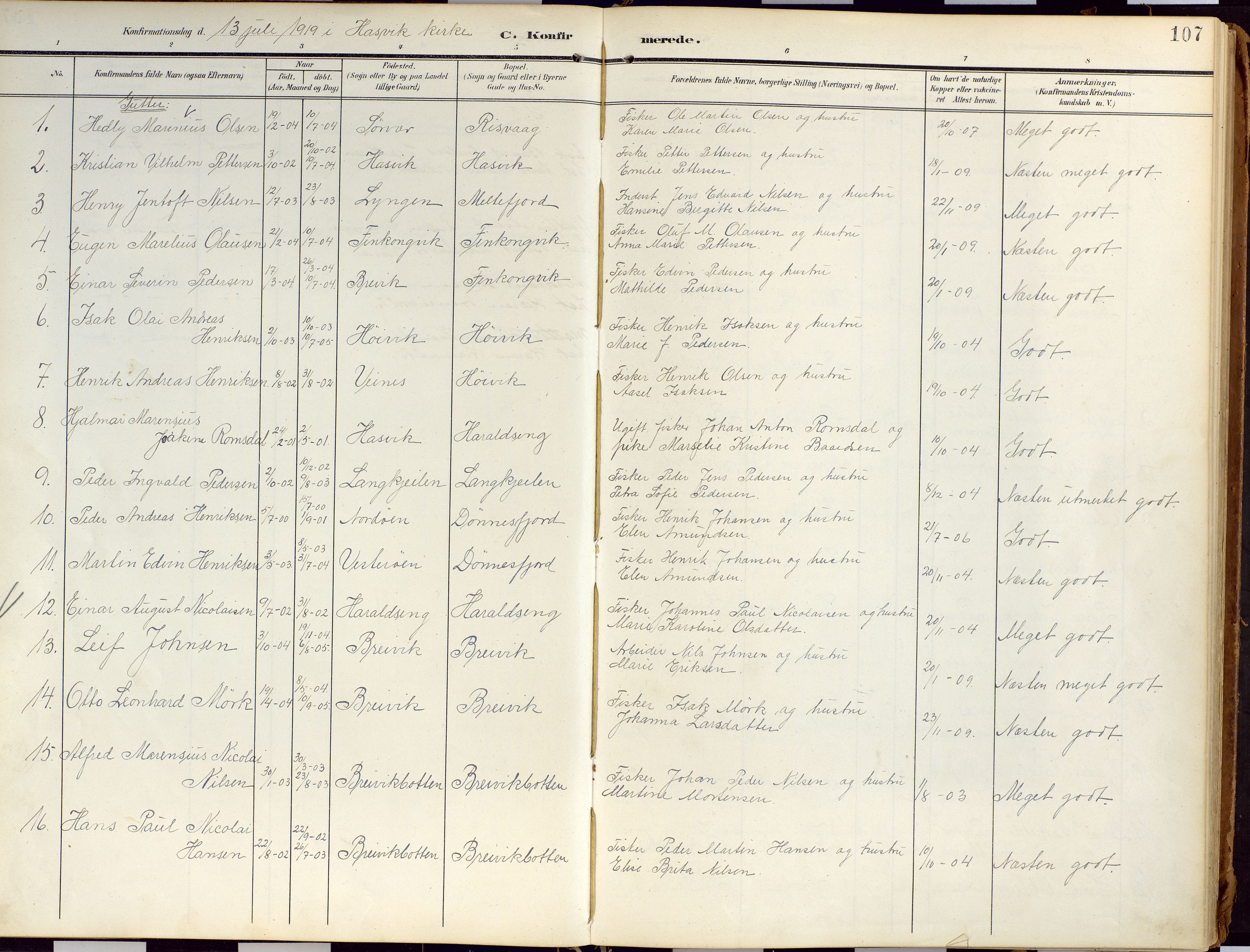 Loppa sokneprestkontor, SATØ/S-1339/H/Ha/L0010kirke: Parish register (official) no. 10, 1907-1922, p. 107
