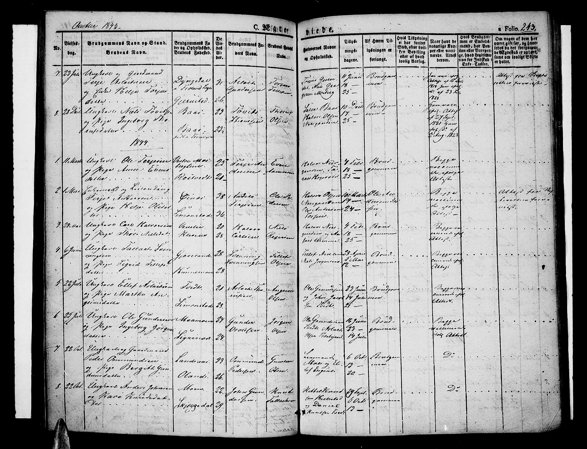 Åmli sokneprestkontor, SAK/1111-0050/F/Fa/Fac/L0007: Parish register (official) no. A 7 /1, 1829-1851, p. 243