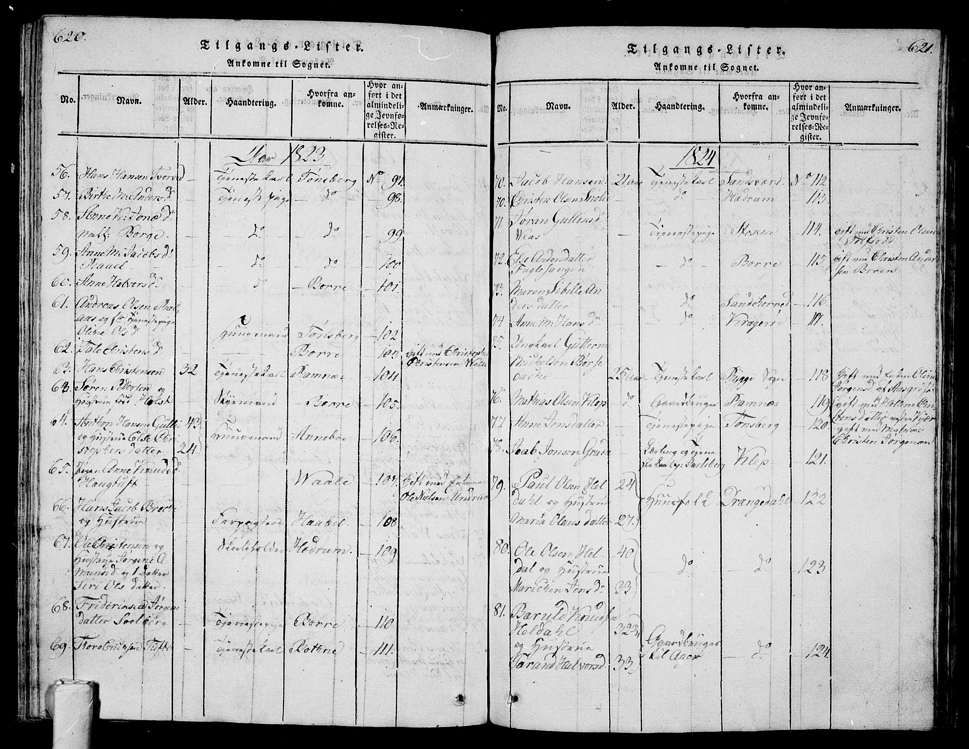 Sem kirkebøker, AV/SAKO-A-5/G/Ga/L0001: Parish register (copy) no. I 1, 1814-1825, p. 620-621