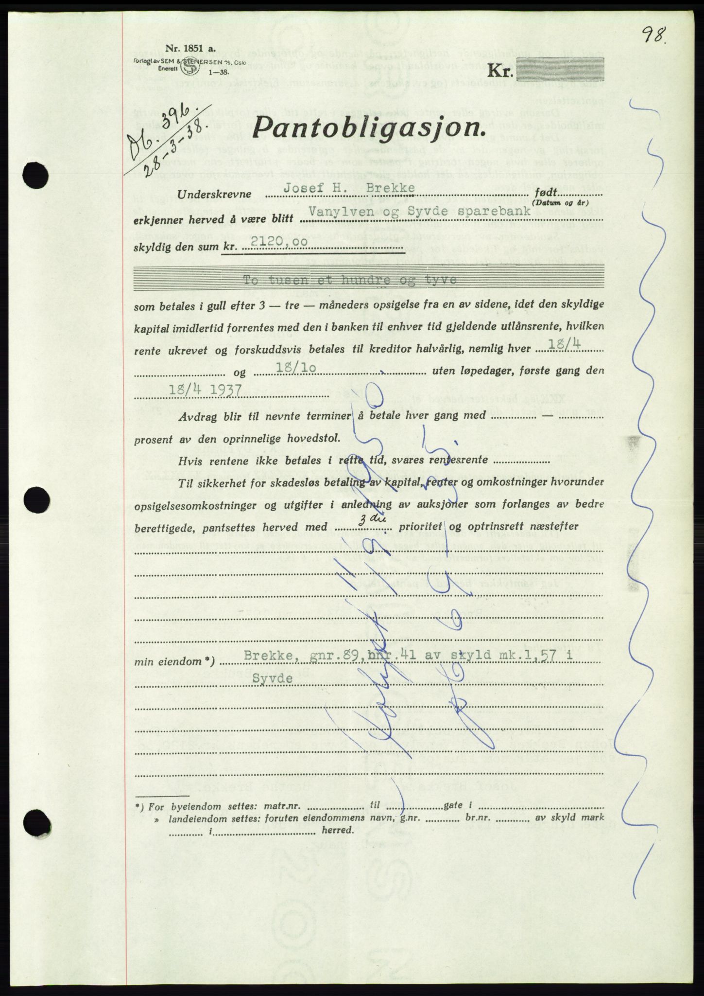 Søre Sunnmøre sorenskriveri, AV/SAT-A-4122/1/2/2C/L0065: Mortgage book no. 59, 1938-1938, Diary no: : 396/1938