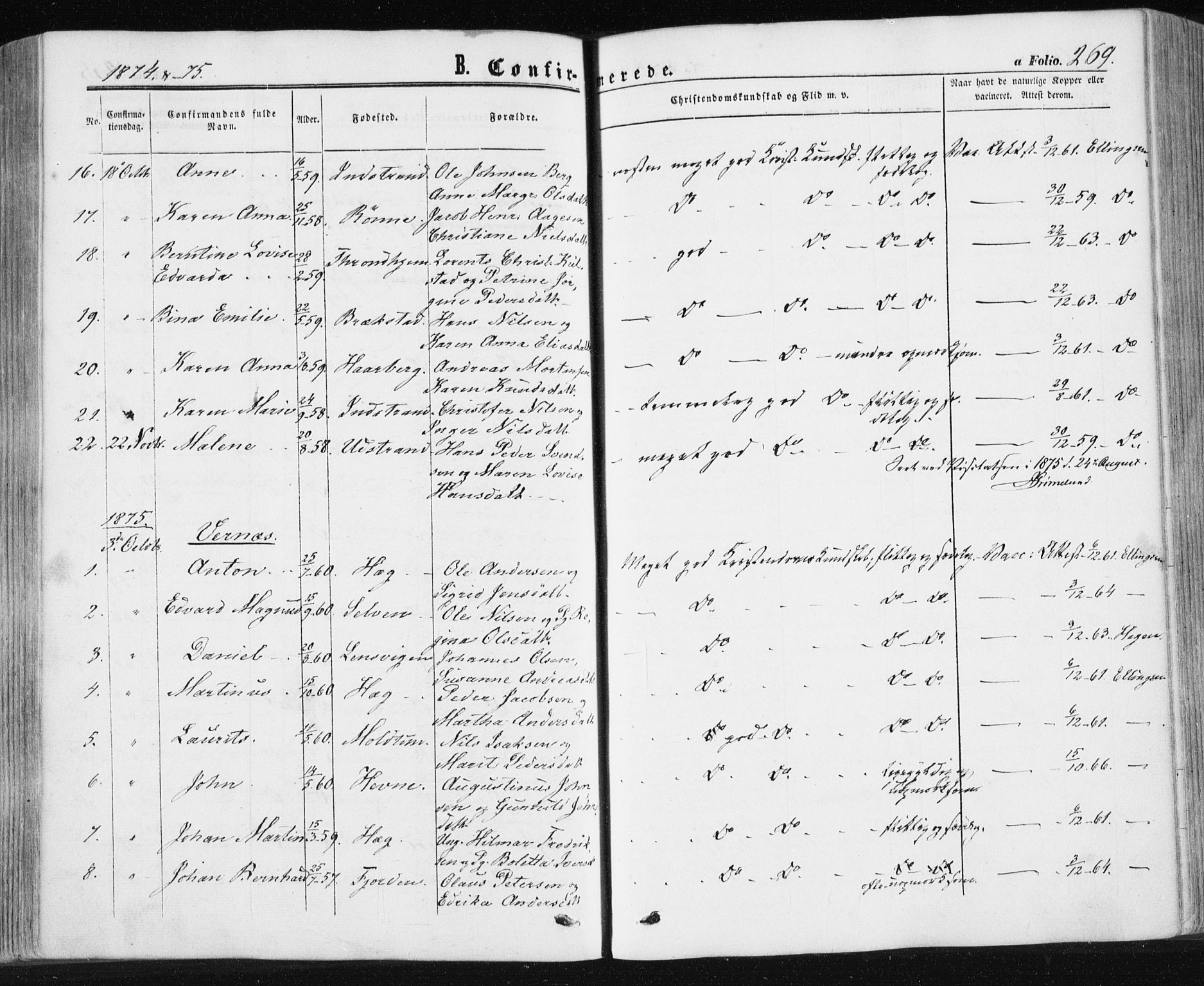 Ministerialprotokoller, klokkerbøker og fødselsregistre - Sør-Trøndelag, SAT/A-1456/659/L0737: Parish register (official) no. 659A07, 1857-1875, p. 269