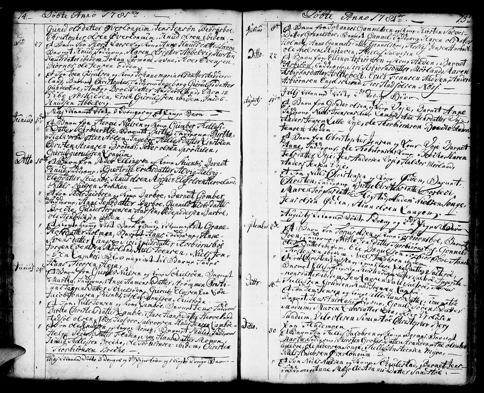 Austre Moland sokneprestkontor, SAK/1111-0001/F/Fa/Faa/L0002: Parish register (official) no. A 2, 1747-1808, p. 74-75
