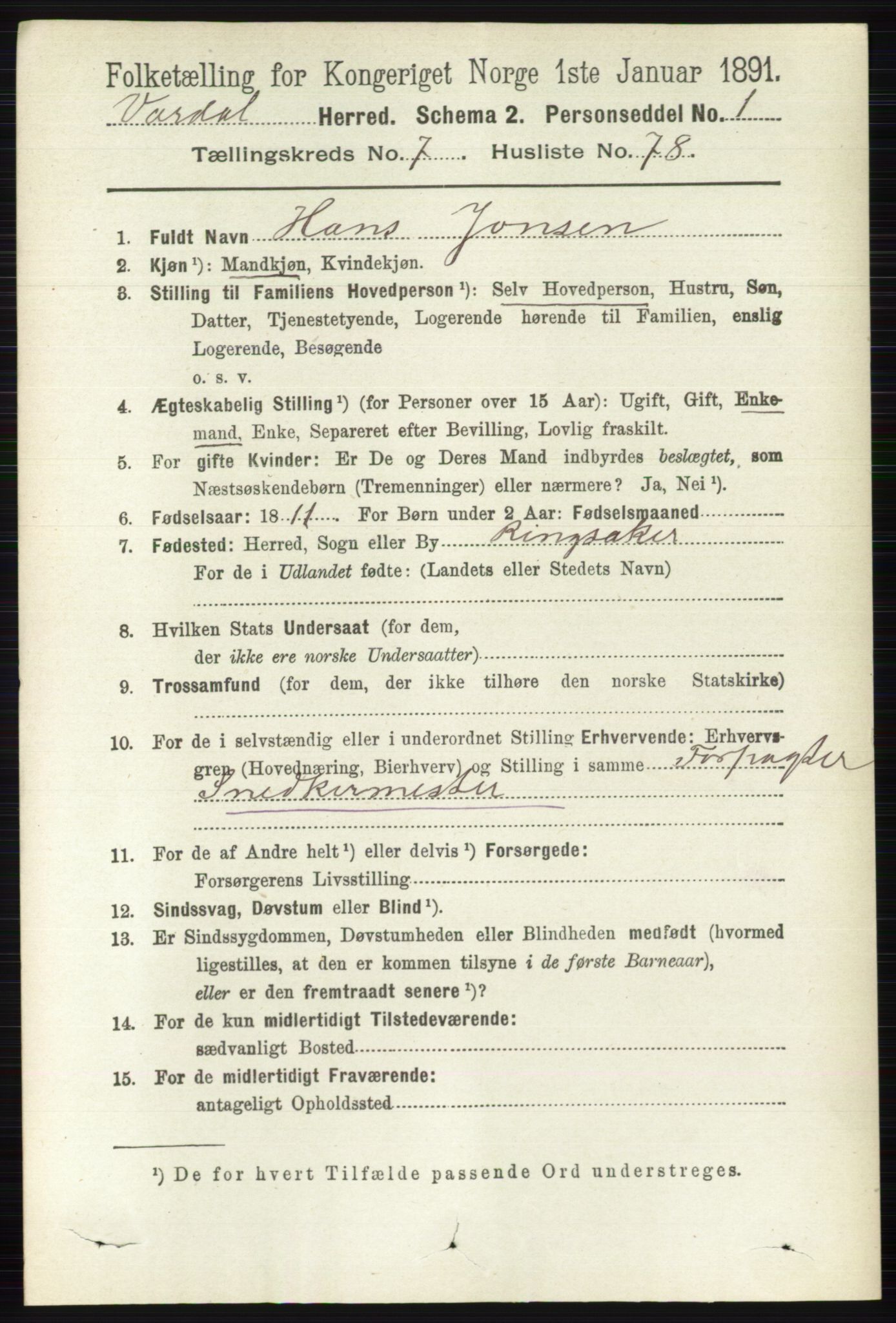 RA, 1891 census for 0527 Vardal, 1891, p. 3527