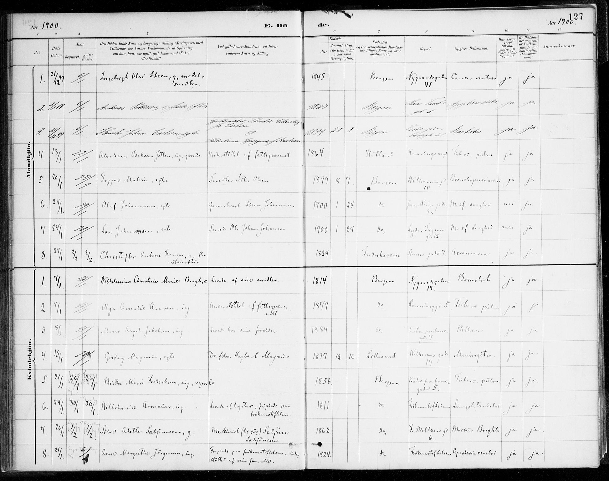 Johanneskirken sokneprestembete, SAB/A-76001/H/Haa/L0019: Parish register (official) no. E 1, 1885-1915, p. 127